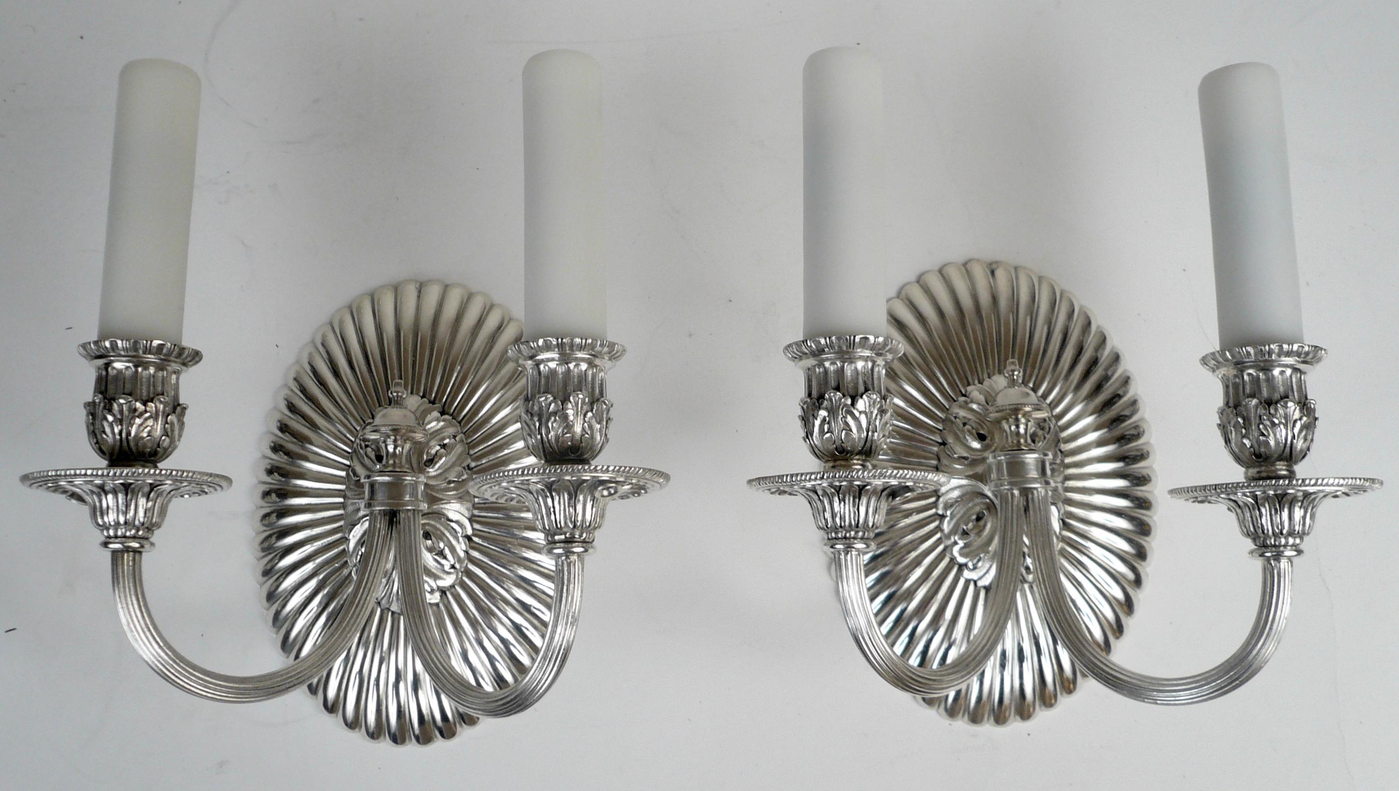 Pair Silvered Bronze Oval Oval Back Two Light Sconces by E. F. Caldwell For Sale 2