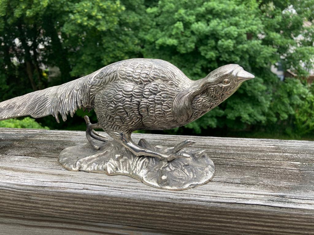 French Pair of Silvered Bronze Sculptures of Pheasants