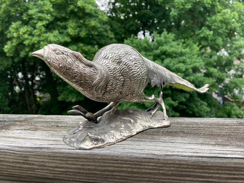 20th Century Pair of Silvered Bronze Sculptures of Pheasants