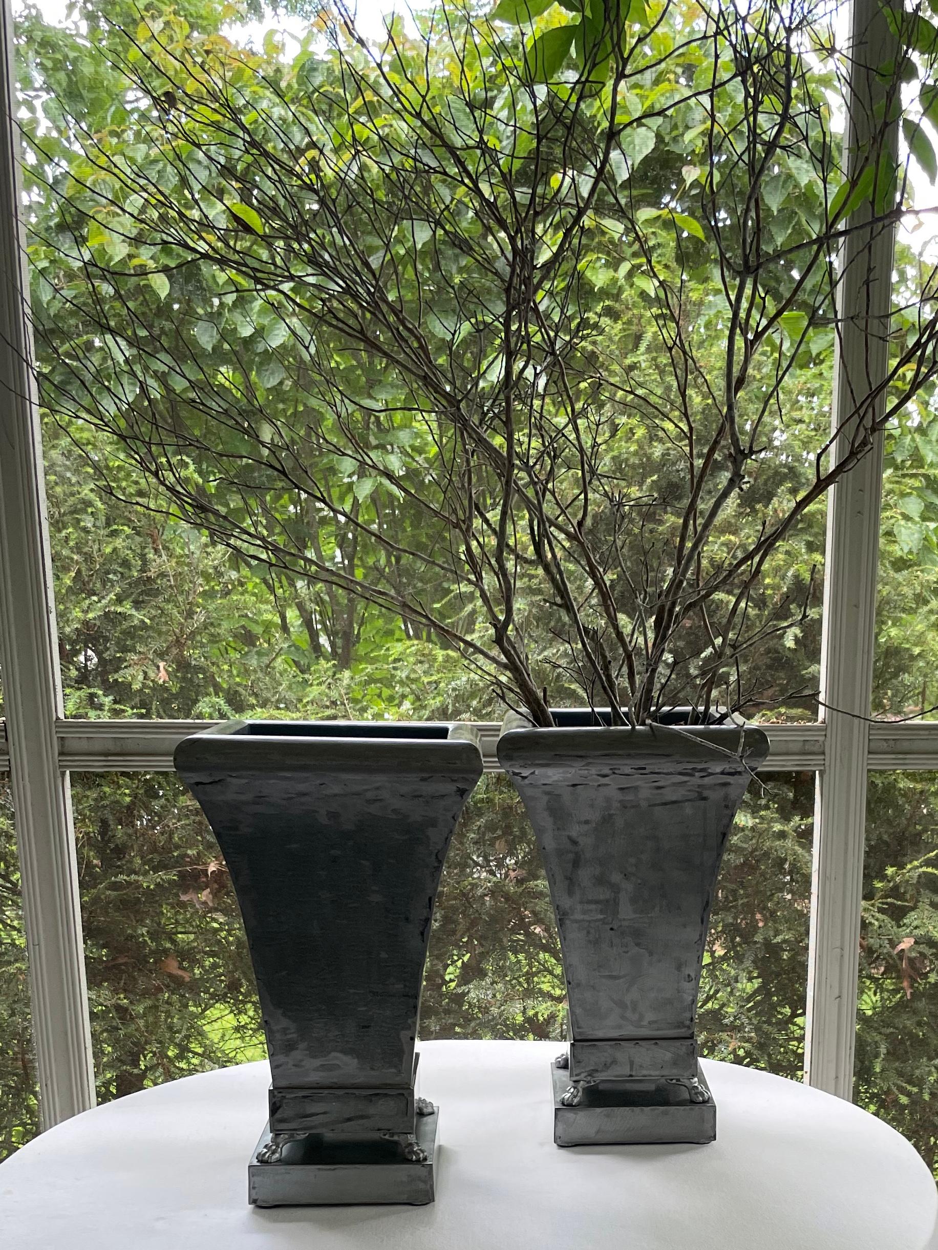 Neoclassical Pair Silvered Metal Cachepot Planters For Sale