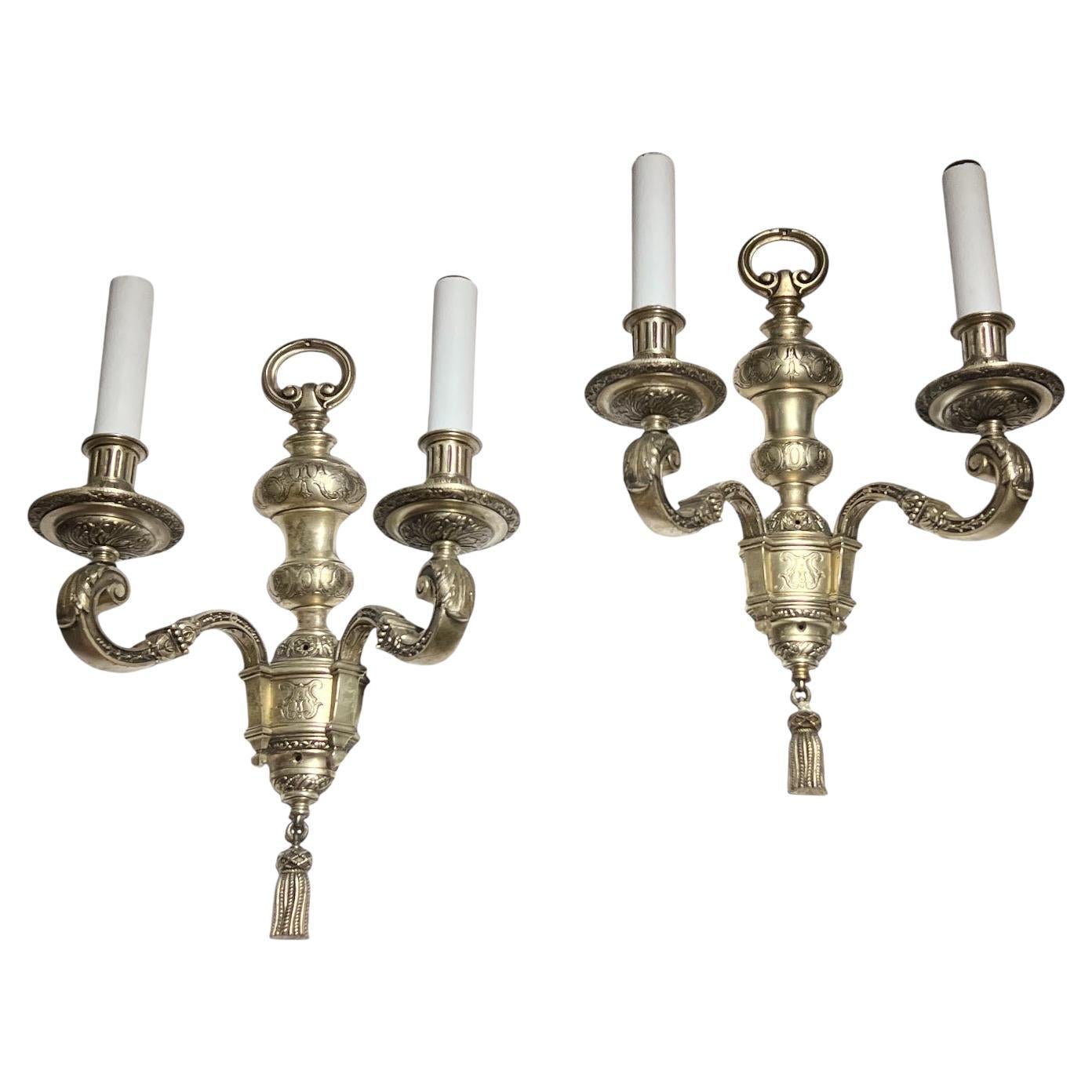 Pair Silvered Metal Two-Arm Wall Light Sconces Attributed to Caldwell & Co