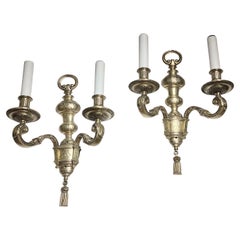 Pair Silvered Metal Two-Arm Wall Light Sconces Attributed to Caldwell & Co