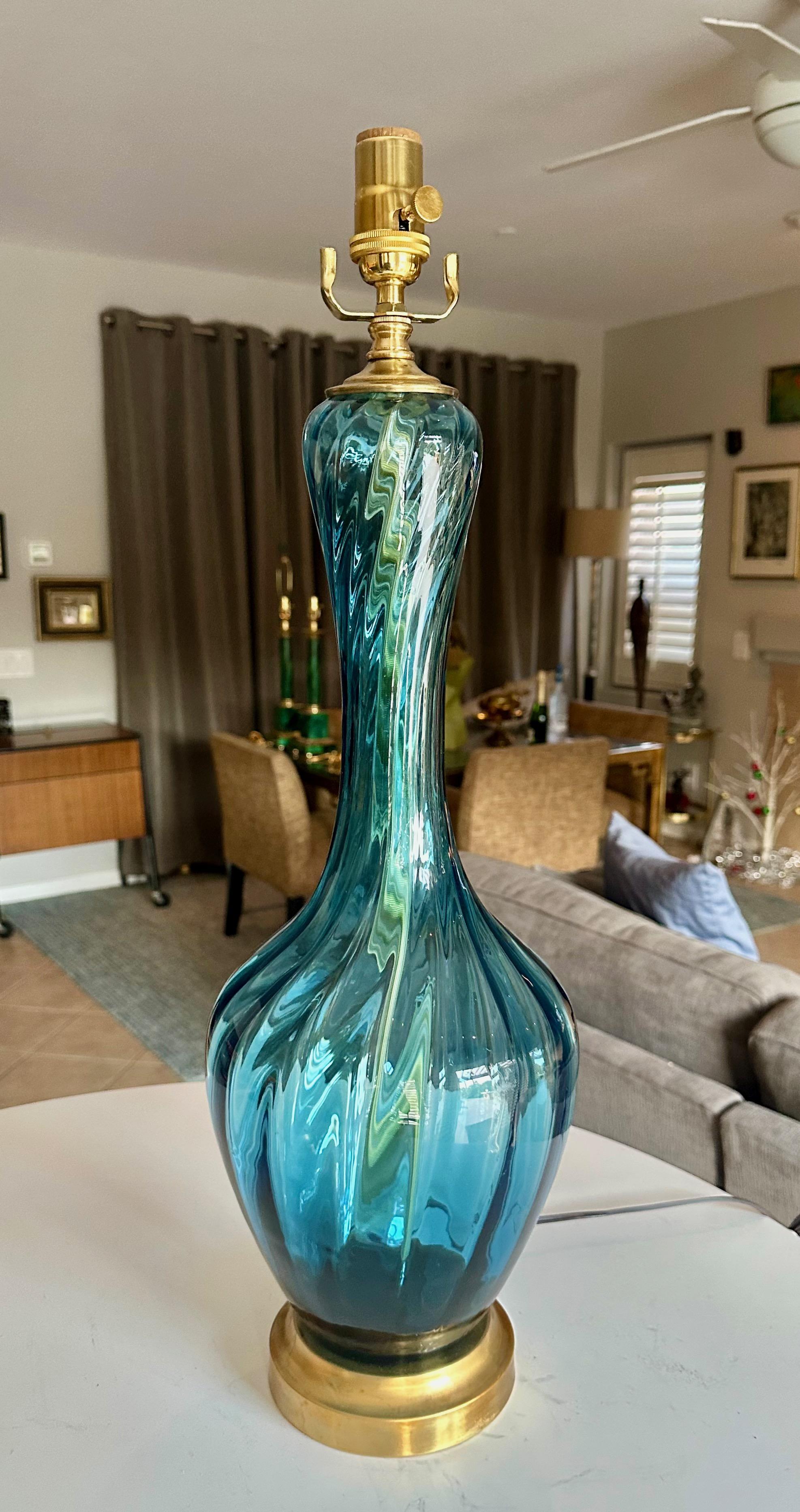 Pair Similar Blue Empoli Murano Optic Glass Table Lamps 4