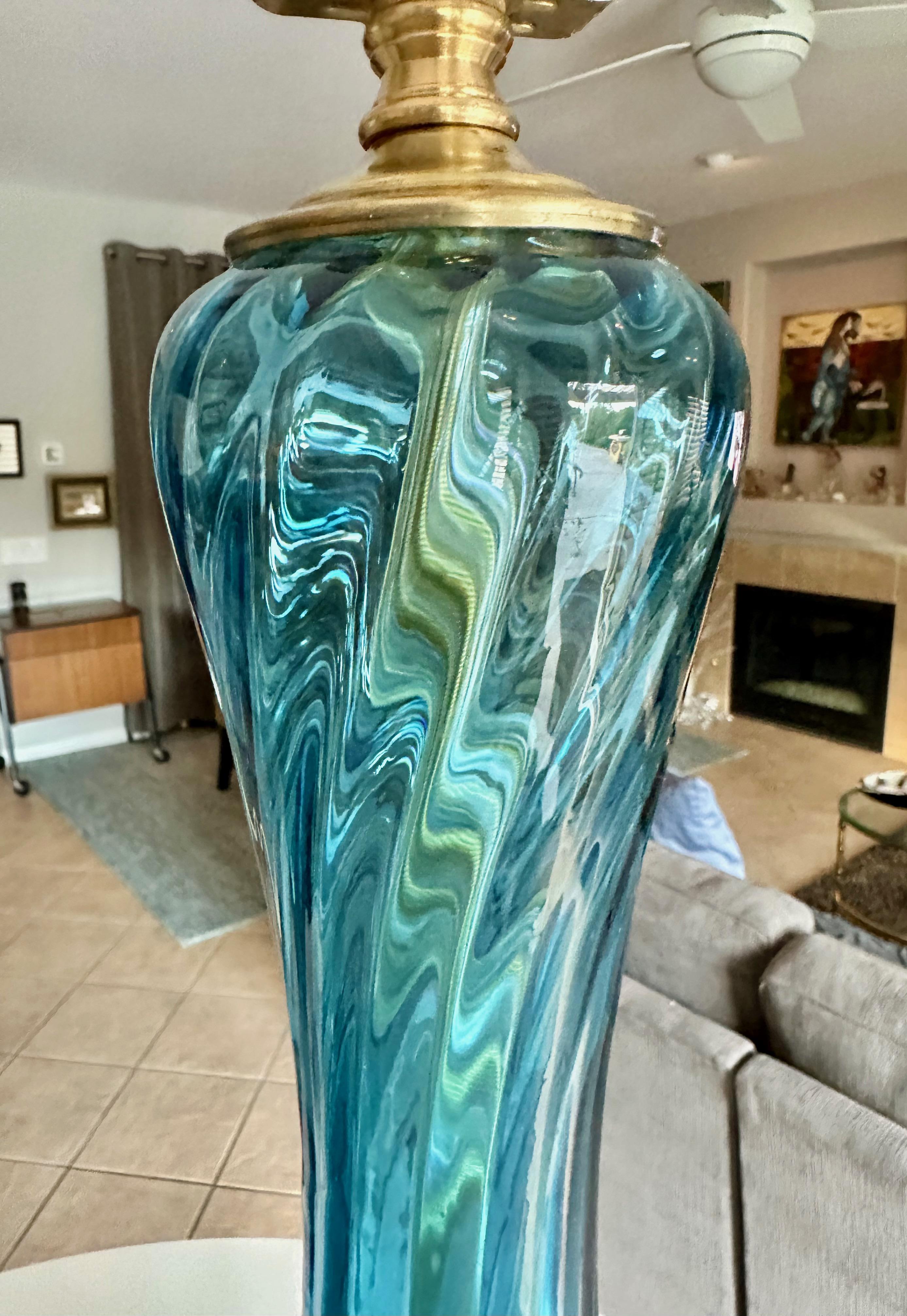 Pair Similar Blue Empoli Murano Optic Glass Table Lamps 5
