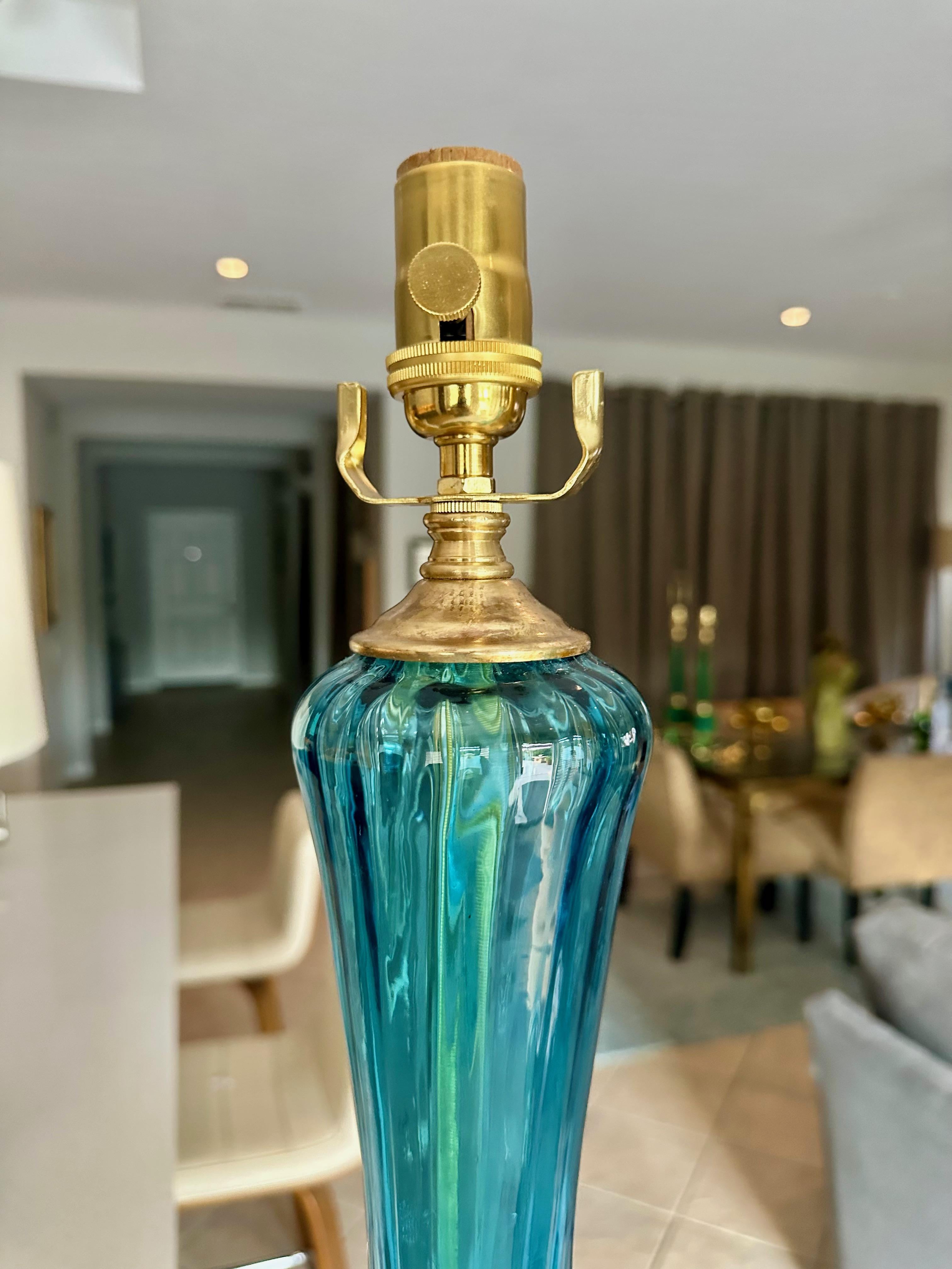 Pair Similar Blue Empoli Murano Optic Glass Table Lamps 6