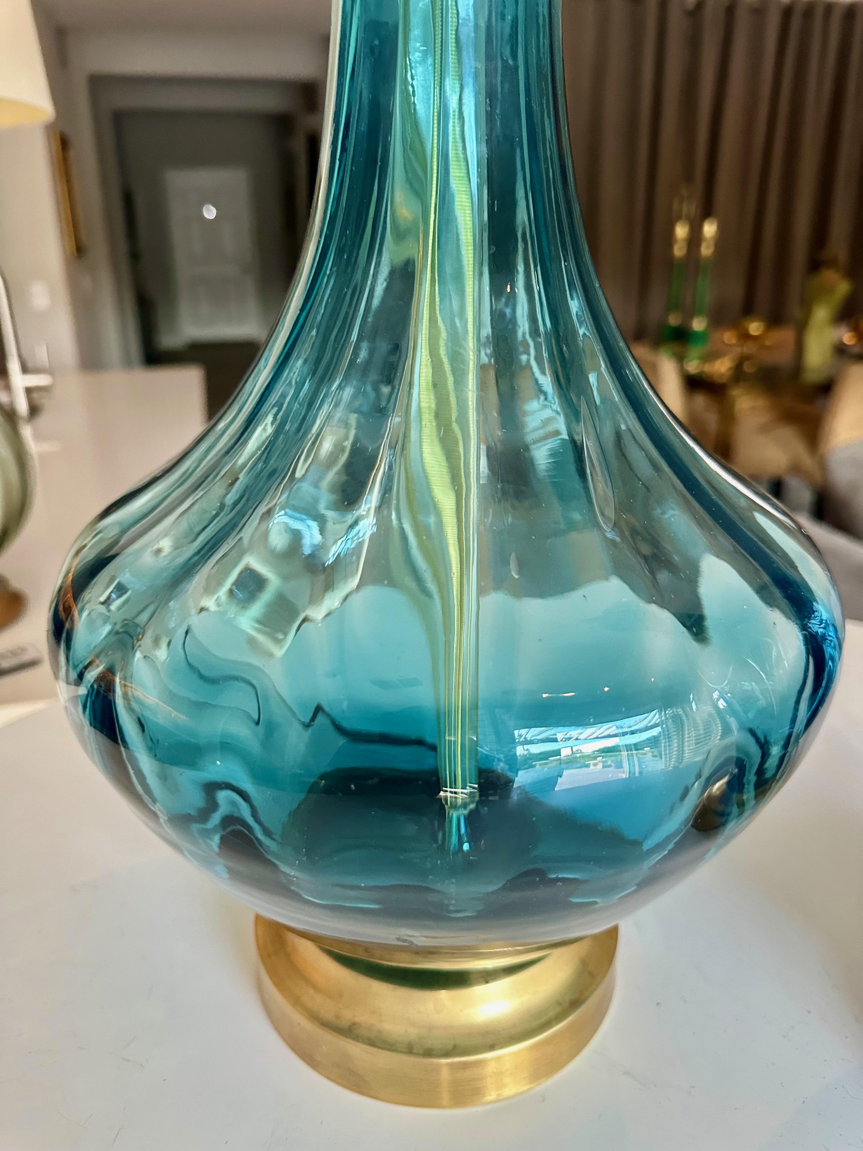 Pair Similar Blue Empoli Murano Optic Glass Table Lamps 7