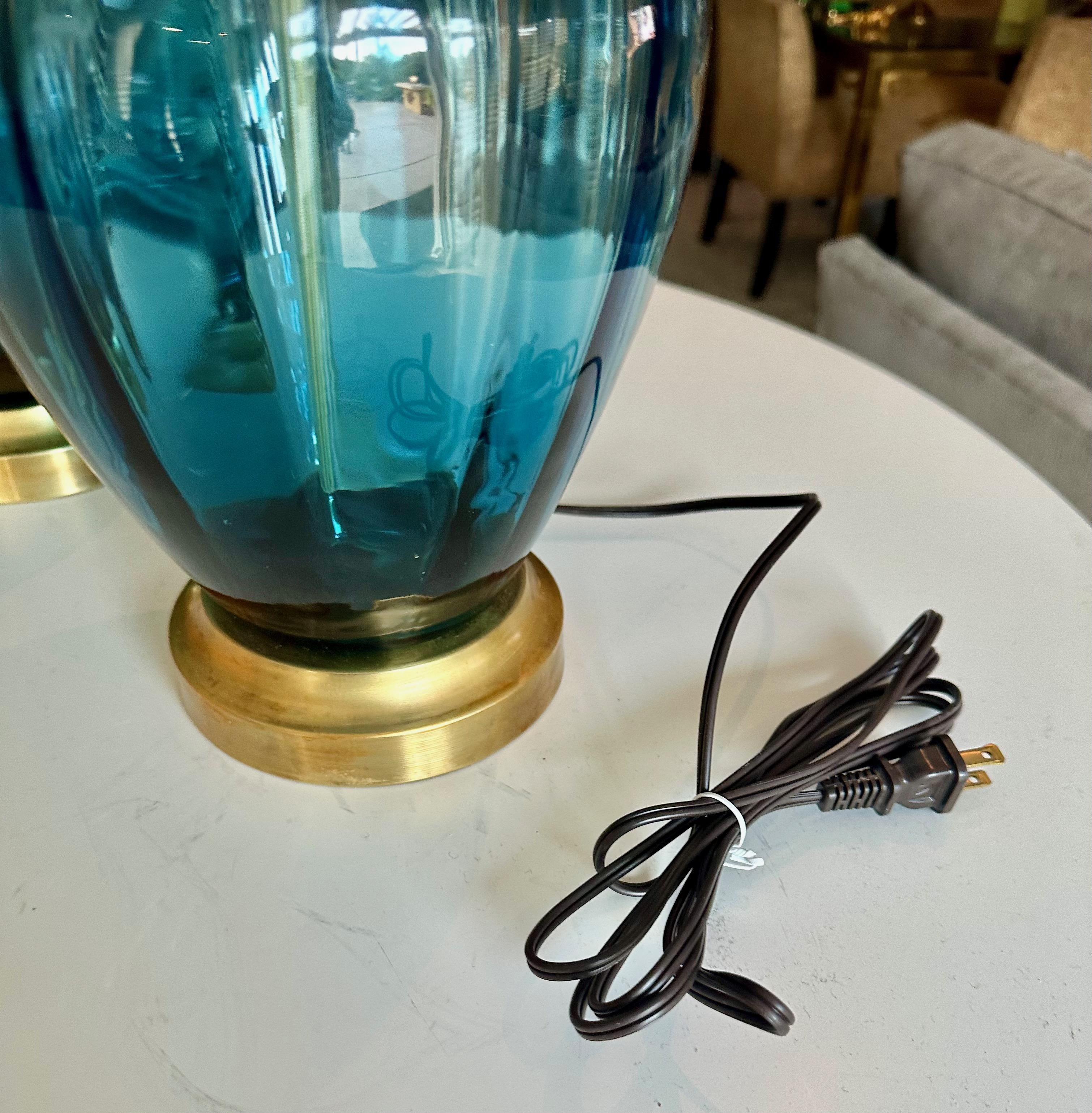 Pair Similar Blue Empoli Murano Optic Glass Table Lamps 10