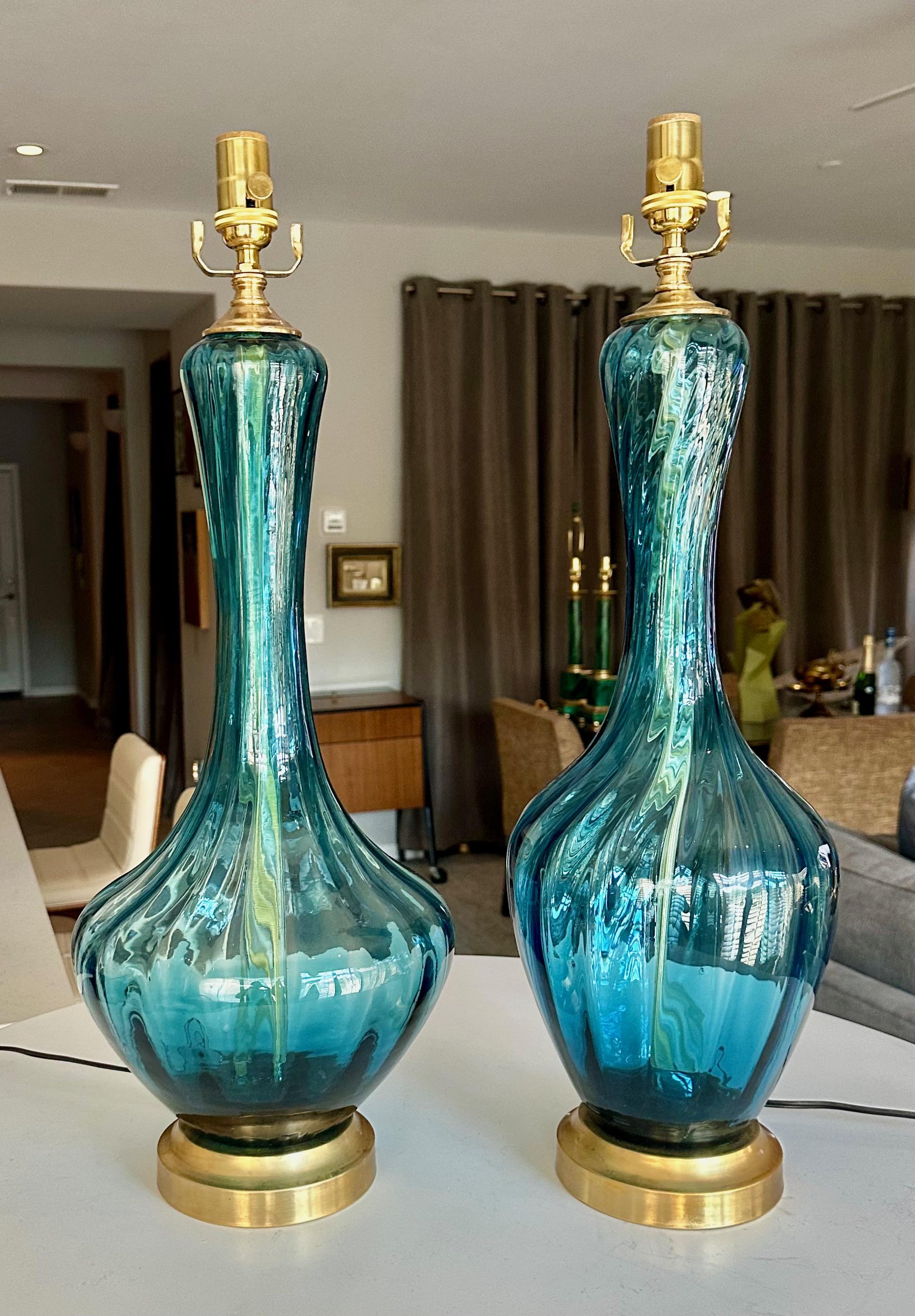 Pair Similar Blue Empoli Murano Optic Glass Table Lamps 11