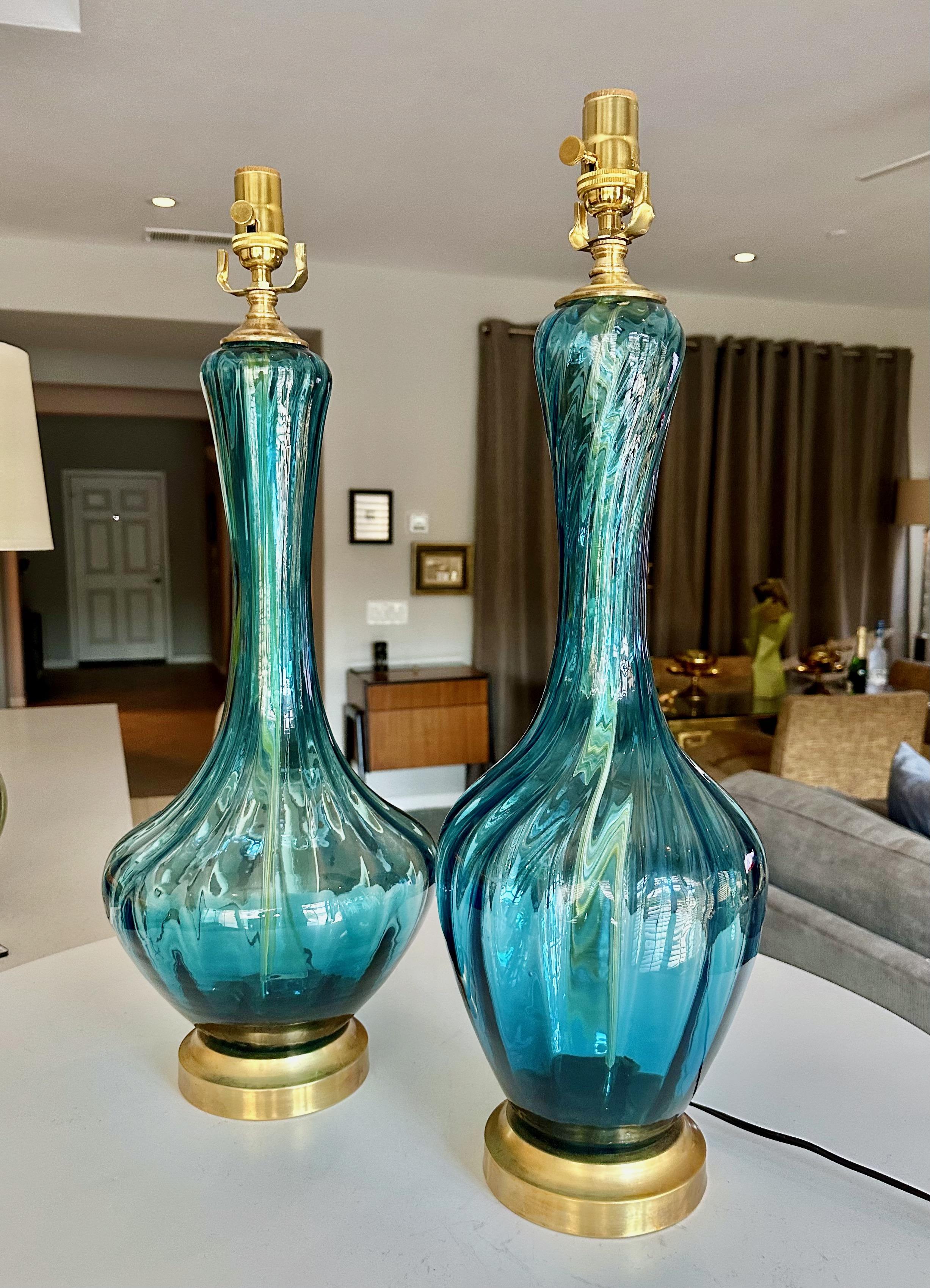 Italian Pair Similar Blue Empoli Murano Optic Glass Table Lamps