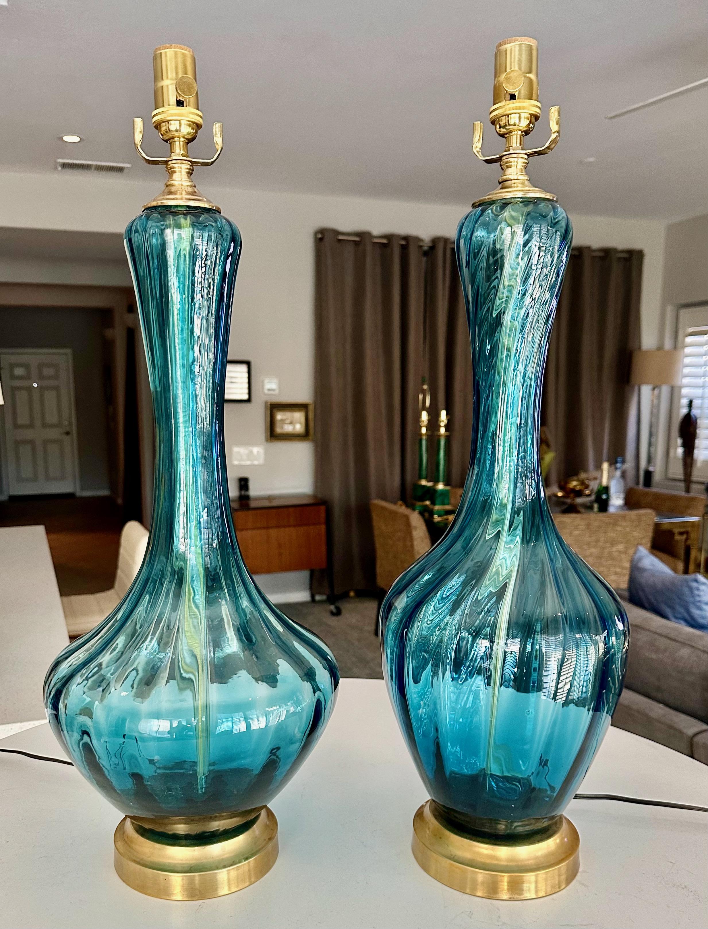 Pair Similar Blue Empoli Murano Optic Glass Table Lamps In Good Condition In Palm Springs, CA