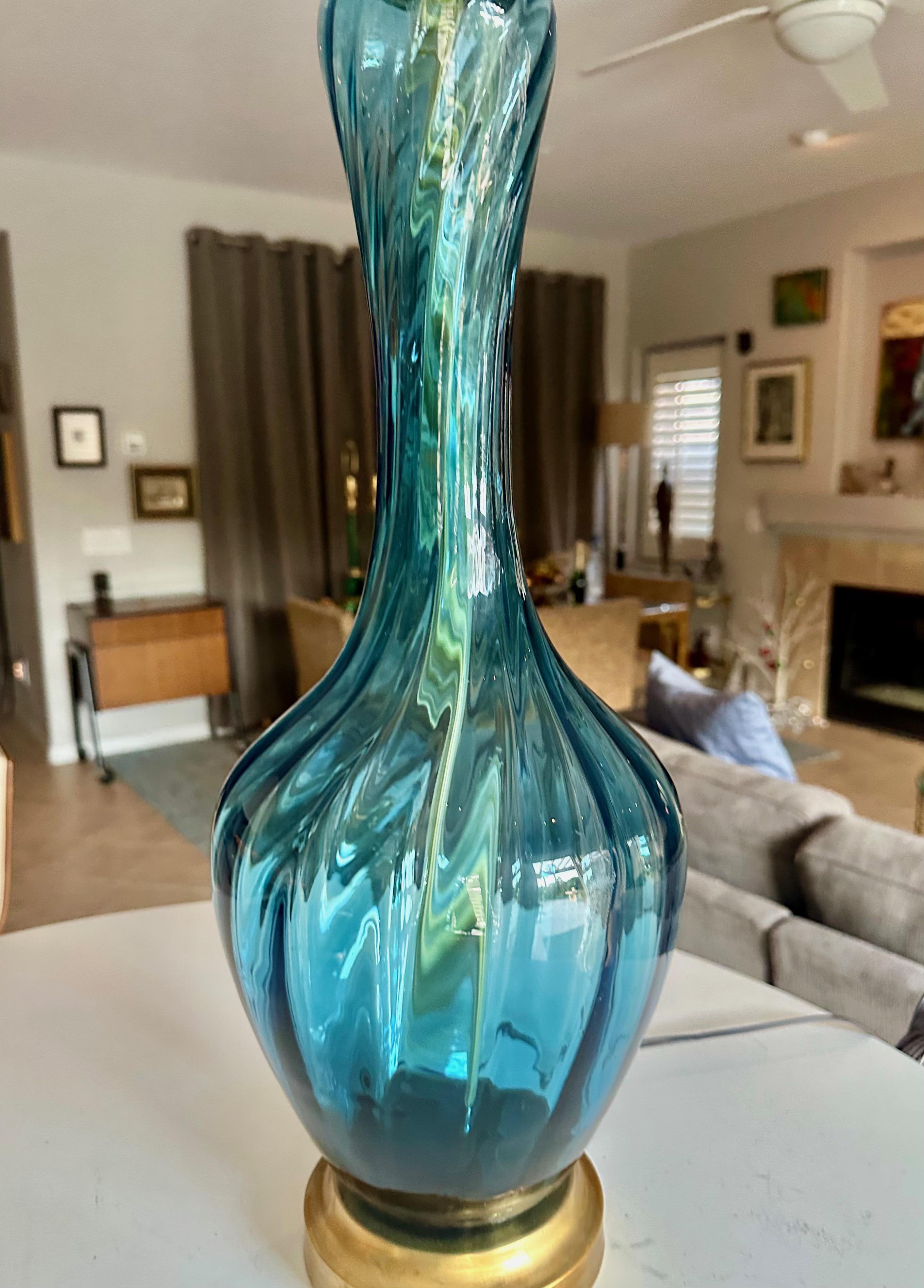 Mid-20th Century Pair Similar Blue Empoli Murano Optic Glass Table Lamps