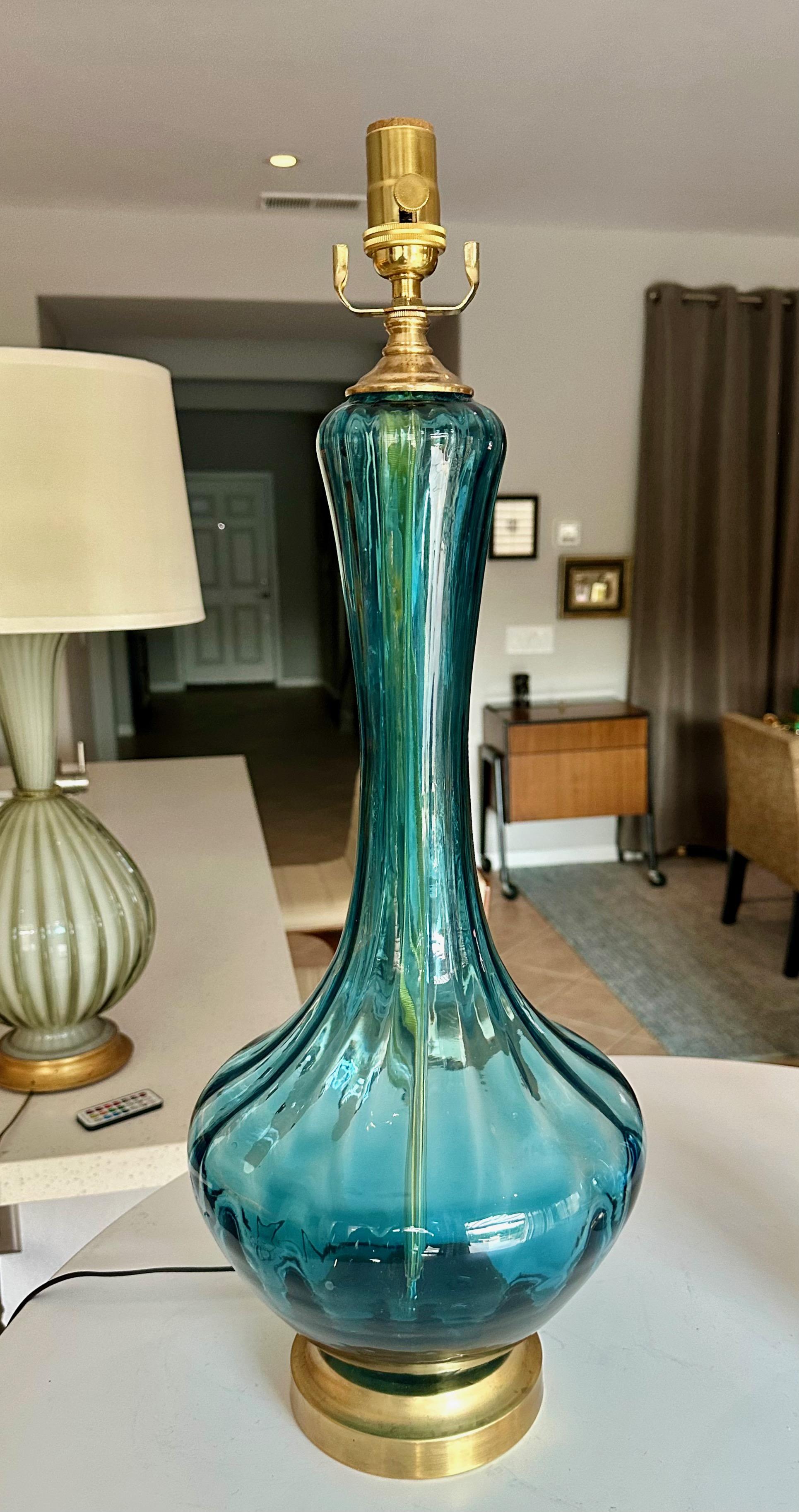 Brass Pair Similar Blue Empoli Murano Optic Glass Table Lamps