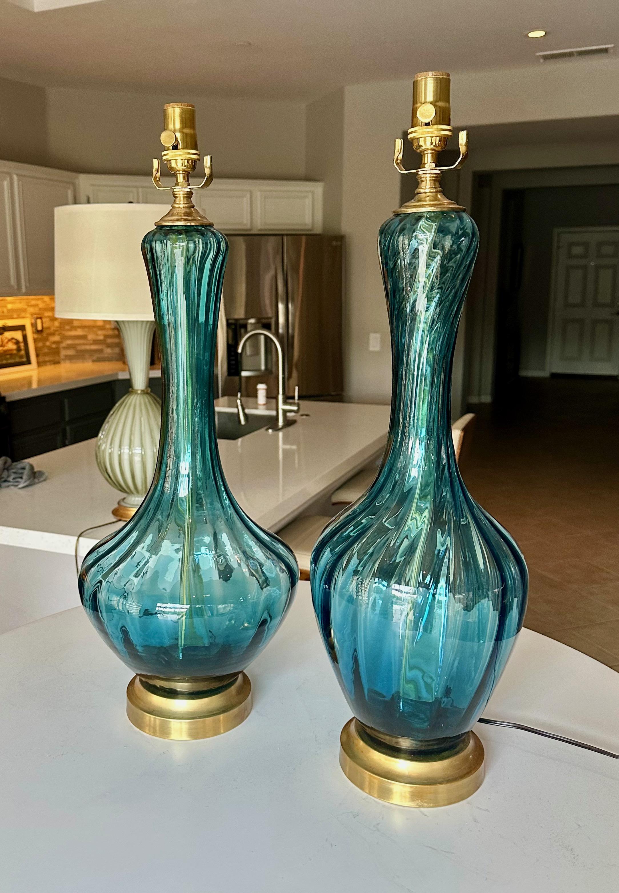 Pair Similar Blue Empoli Murano Optic Glass Table Lamps 1