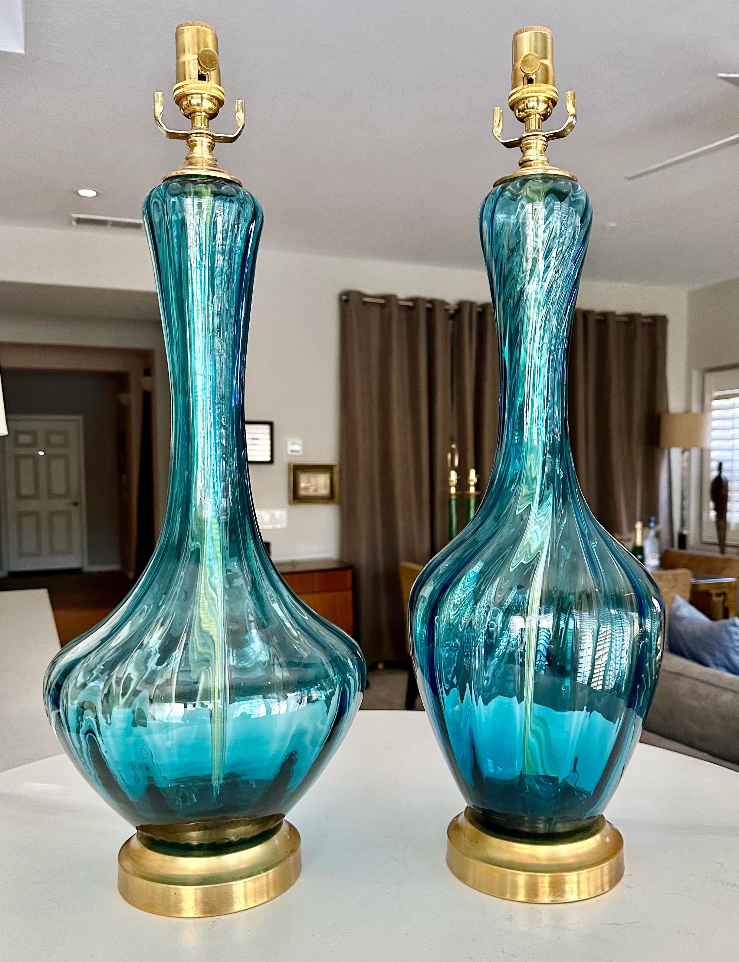 Pair Similar Blue Empoli Murano Optic Glass Table Lamps 2