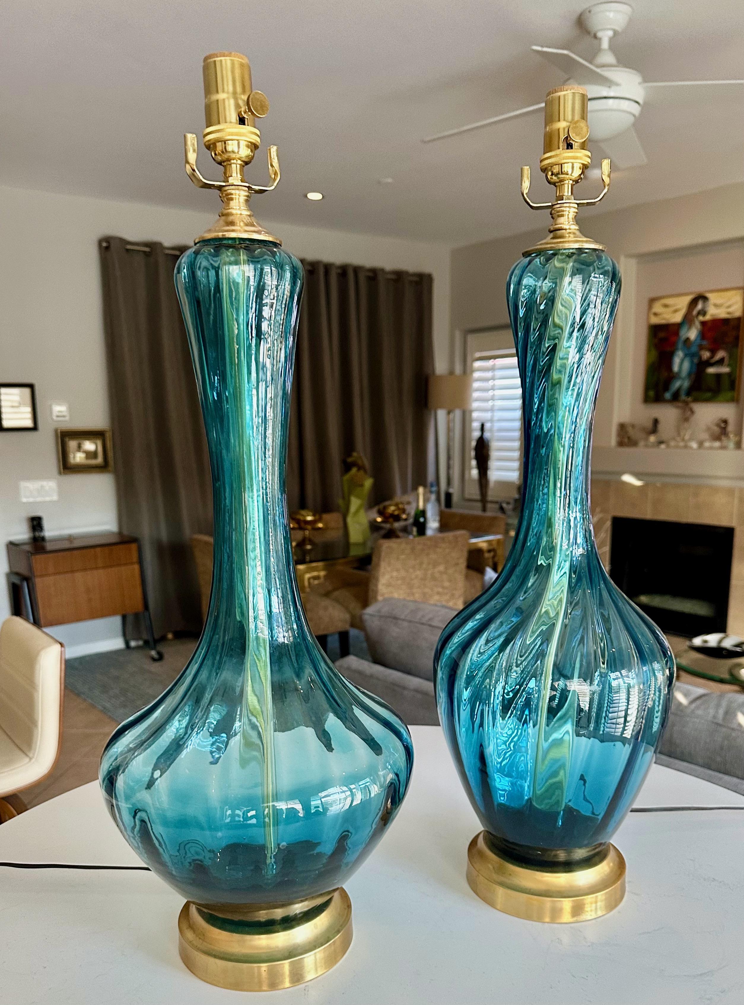 Pair Similar Blue Empoli Murano Optic Glass Table Lamps 3