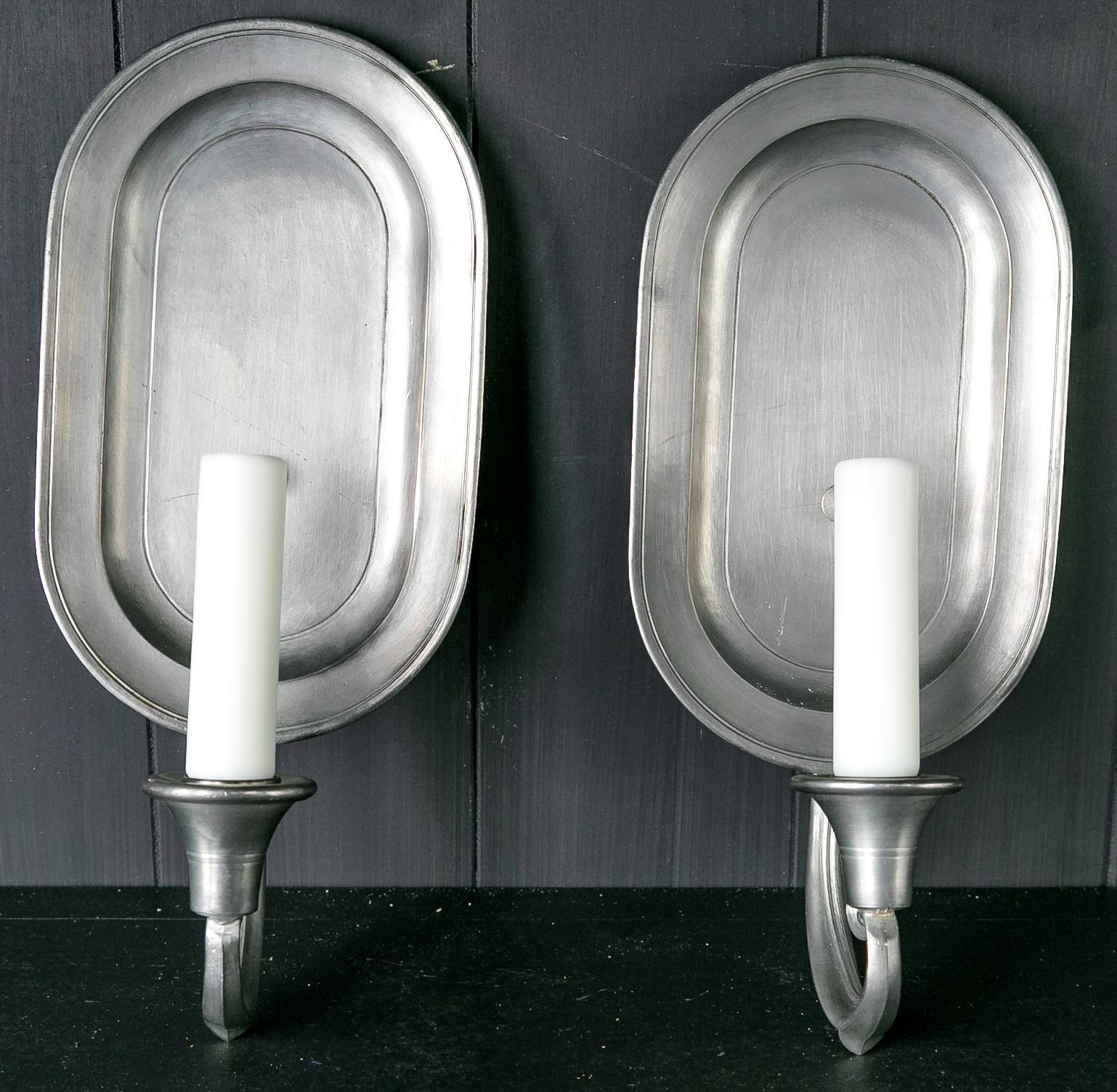 American Pair of Simple Pewter Sconces with Oval Shape