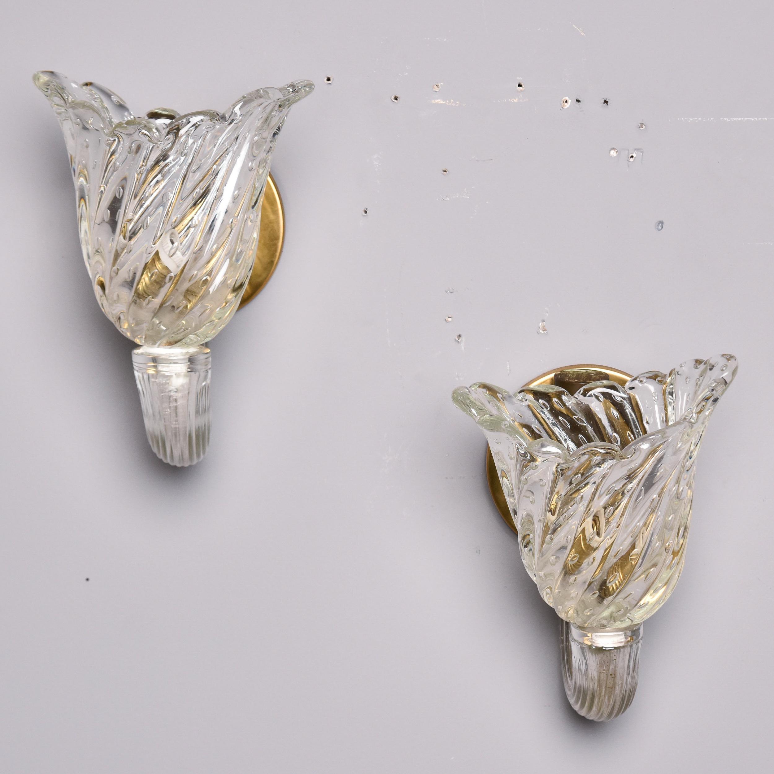 Italian Pair Single Light Venini Bullicante Murano Glass Sconces