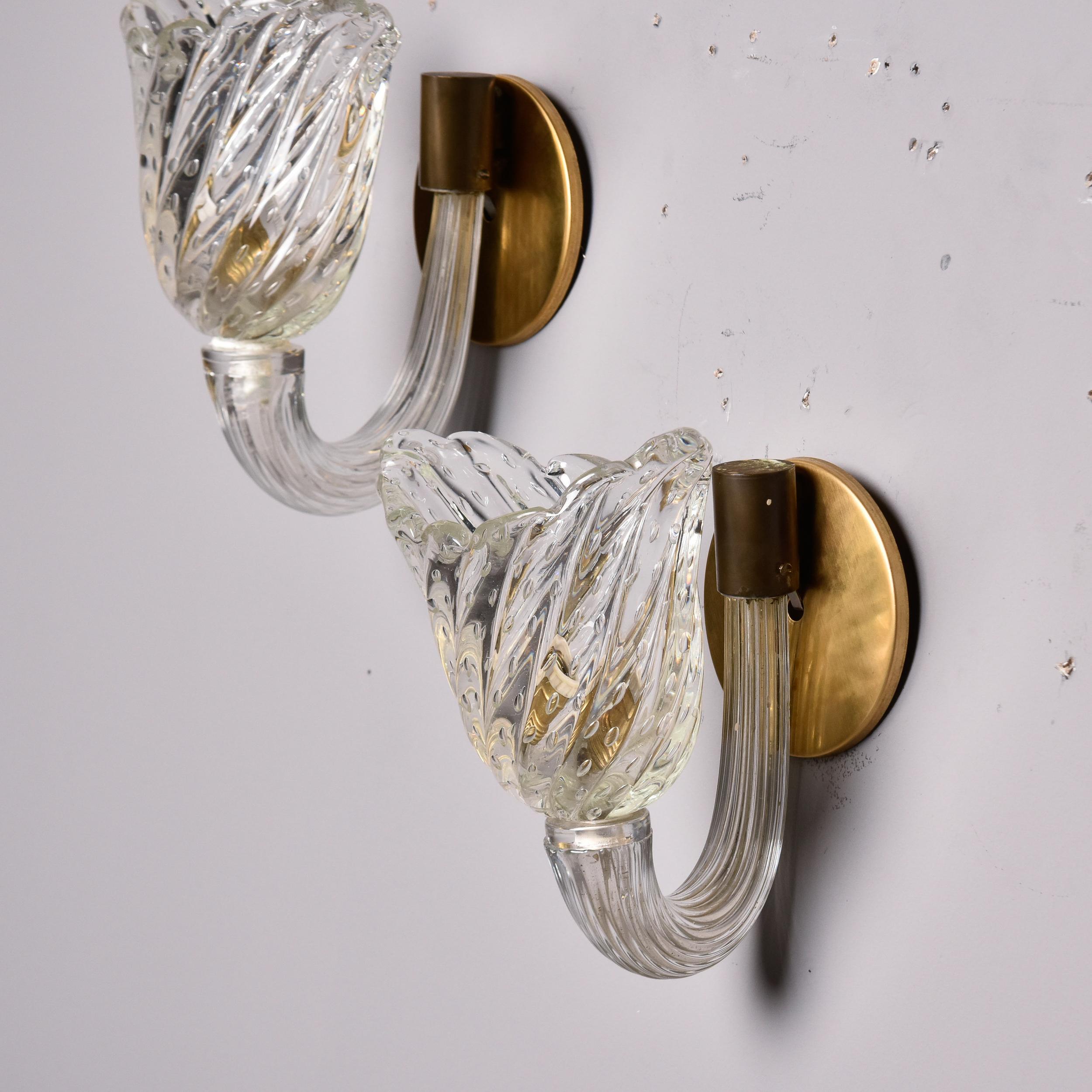 Brass Pair Single Light Venini Bullicante Murano Glass Sconces