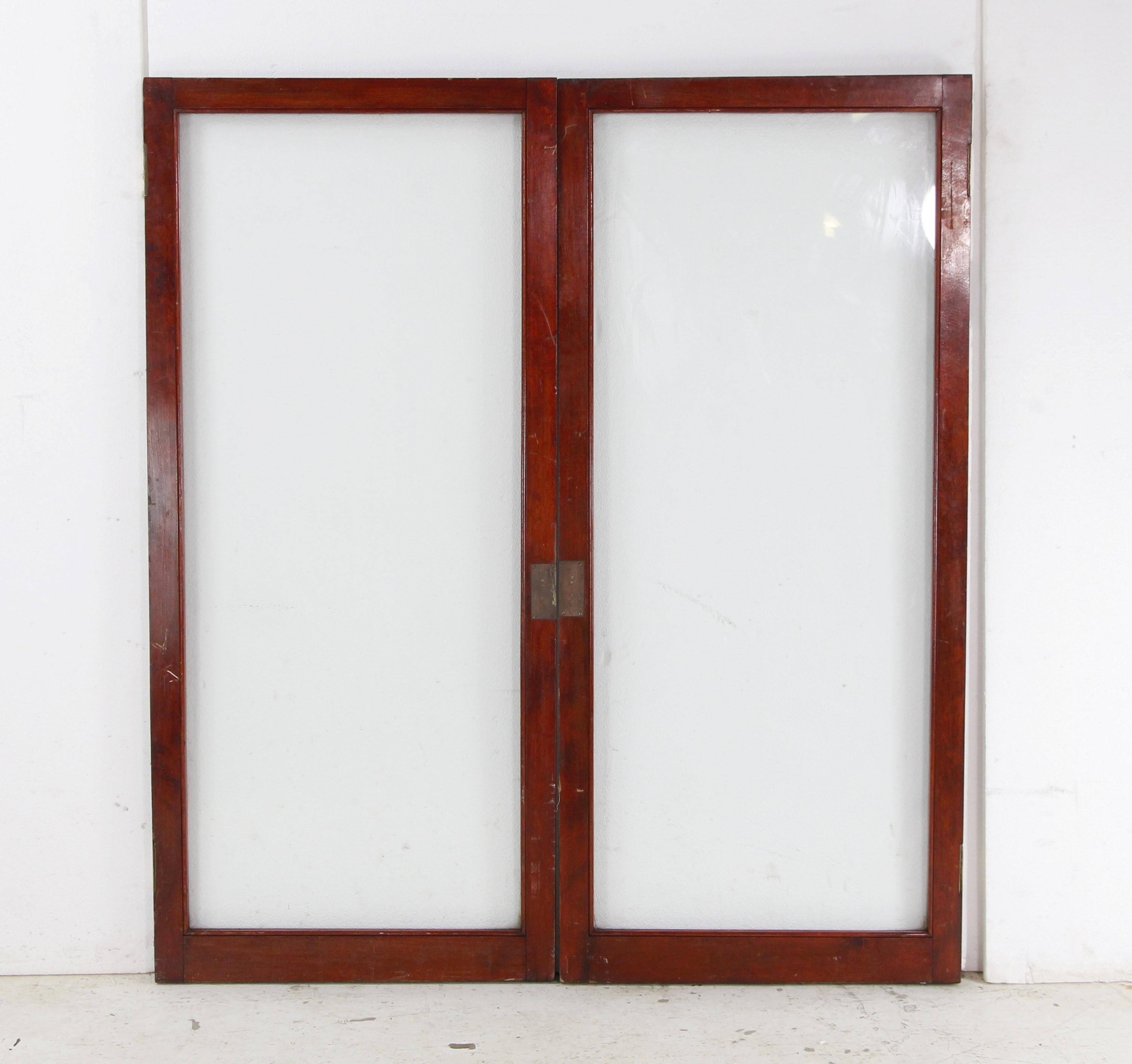 Pair Single Pane Wood Frame Mahogany Doors For Sale 4
