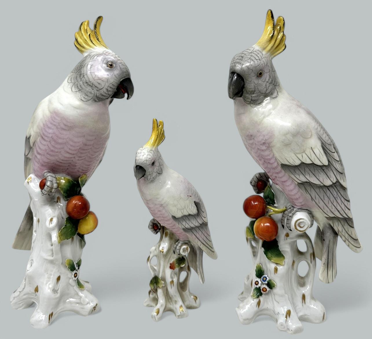 Paire de perroquets à plumes en porcelaine allemande de Sitzendorf, d'une qualité exceptionnelle et très détaillée, de taille assez généreuse, ainsi qu'un autre exemplaire unique, fin XIXe, début XXe siècle.  

Modélisés dans des positions opposées,
