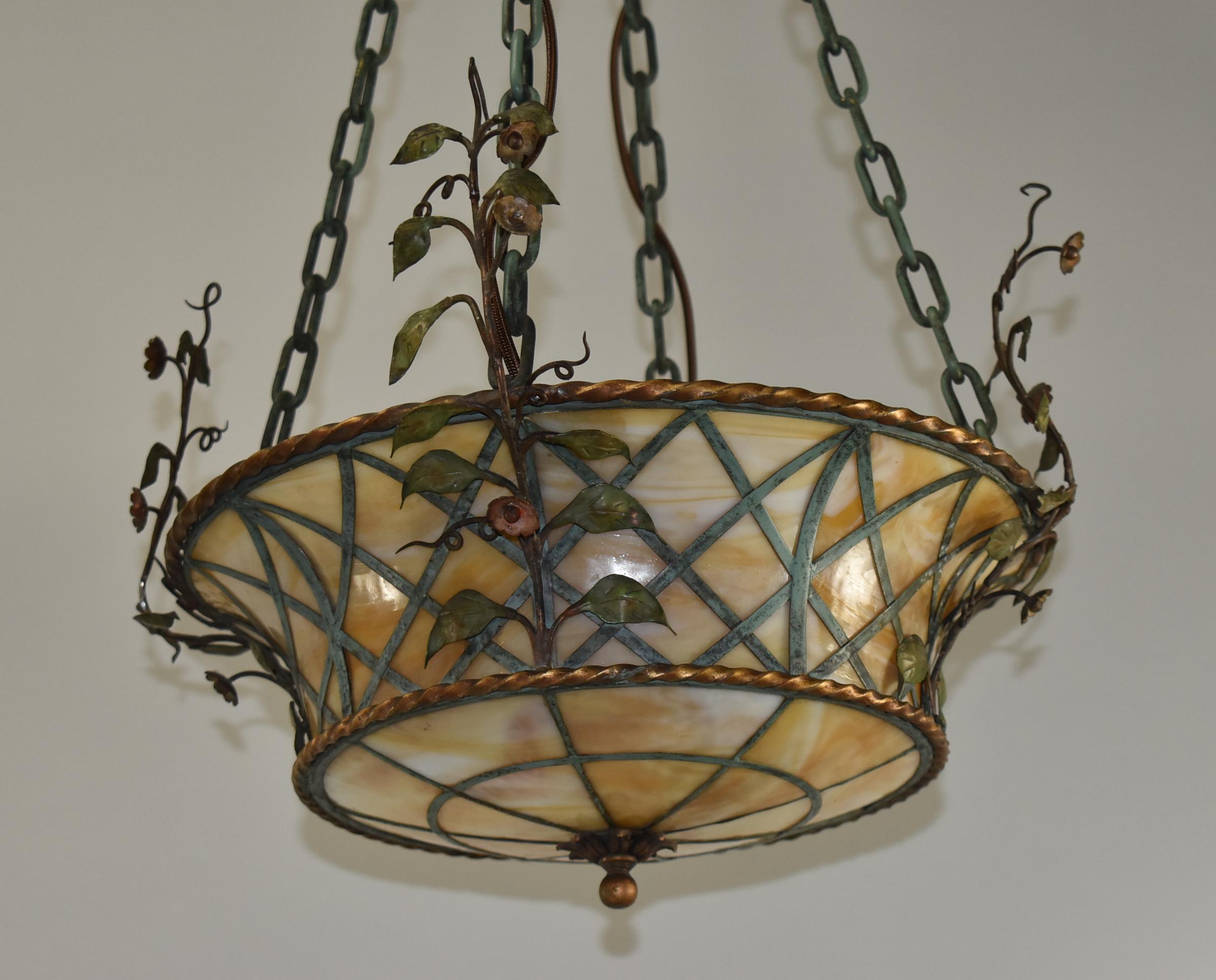 Art Nouveau Pair of Slag Glass 1920s Basket Form Brass and Iron Chandeliers Leaves and Vines