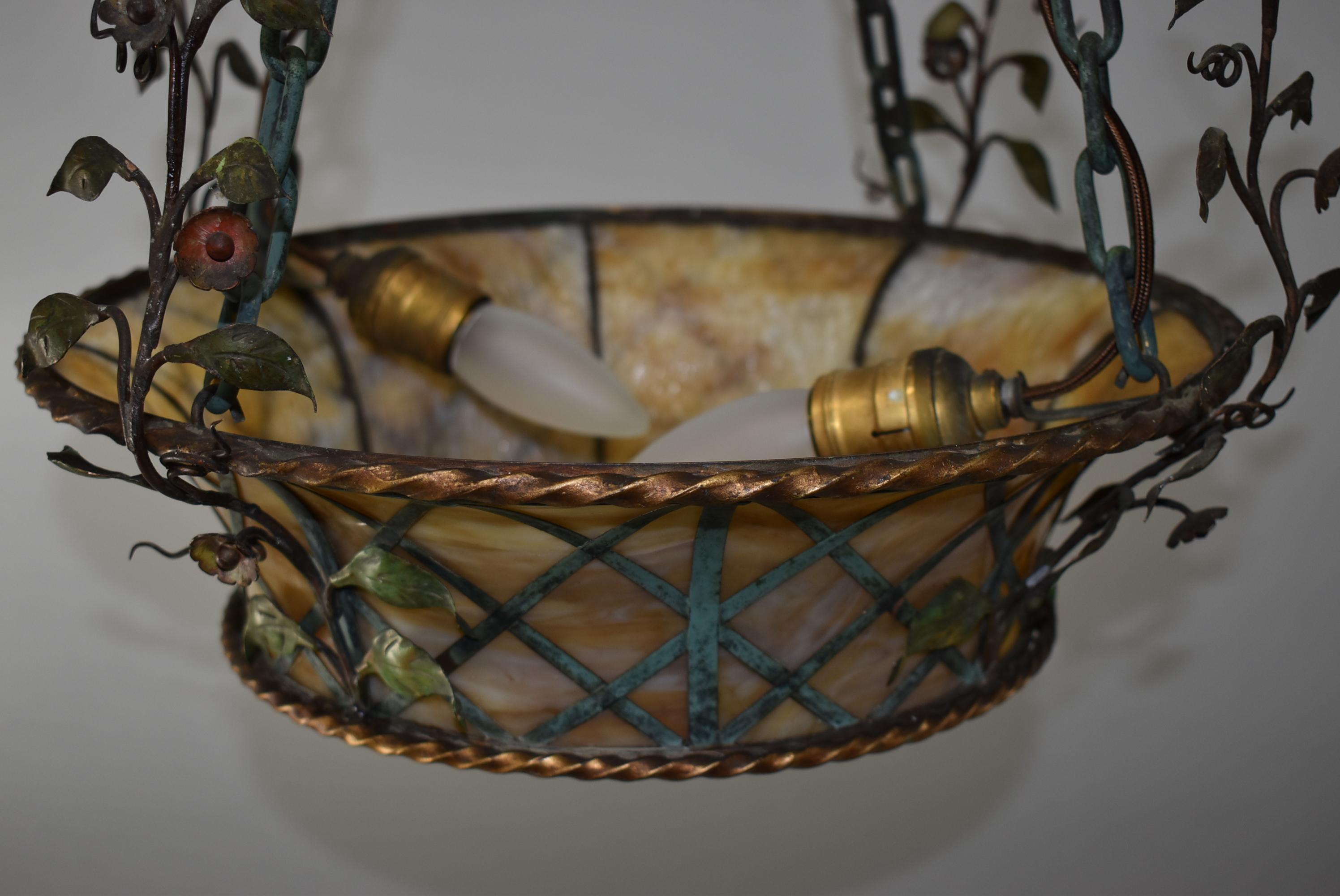 Unknown Pair of Slag Glass 1920s Basket Form Brass and Iron Chandeliers Leaves and Vines