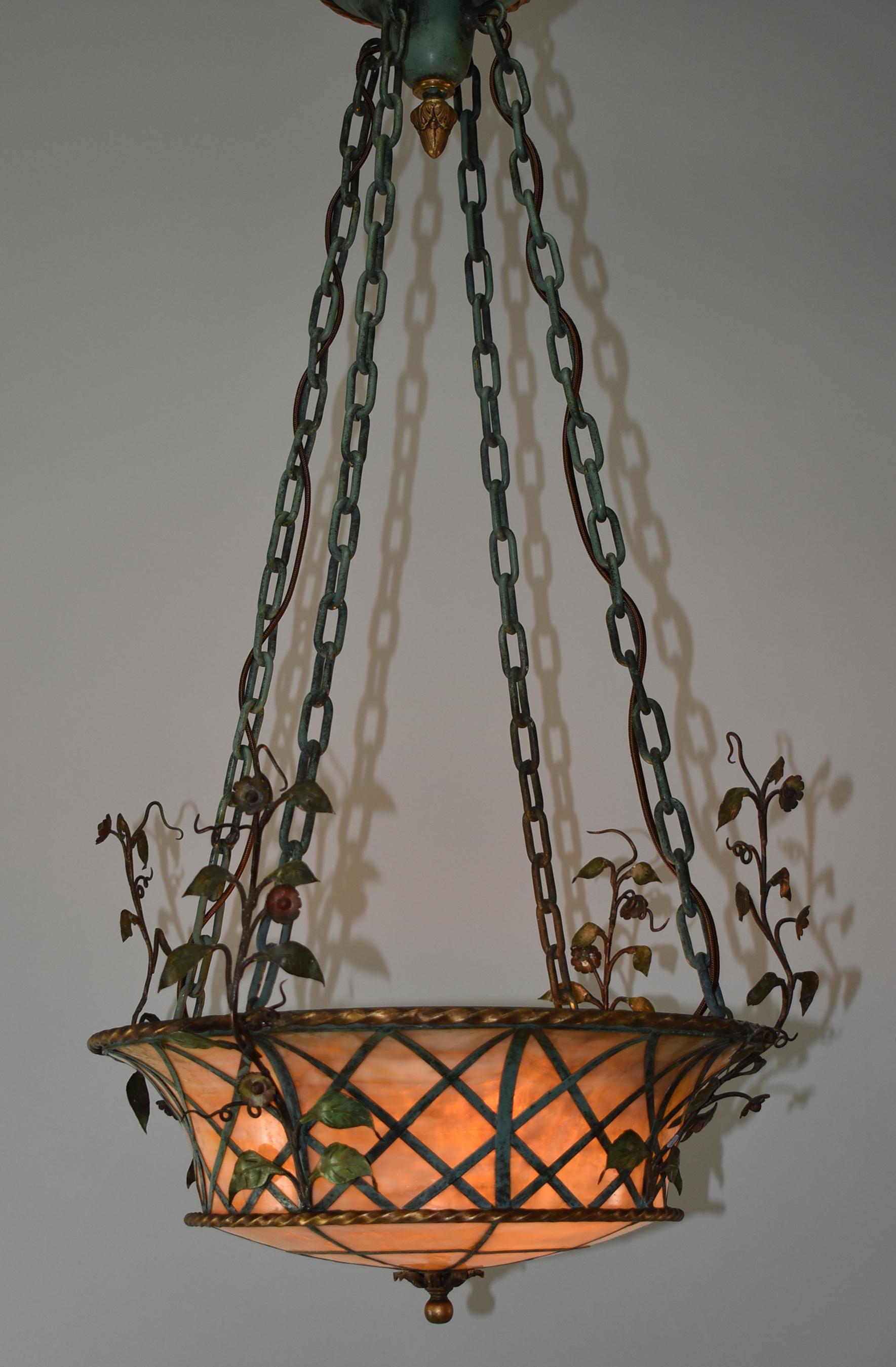 Pair of Slag Glass 1920s Basket Form Brass and Iron Chandeliers Leaves and Vines In Good Condition In Toledo, OH