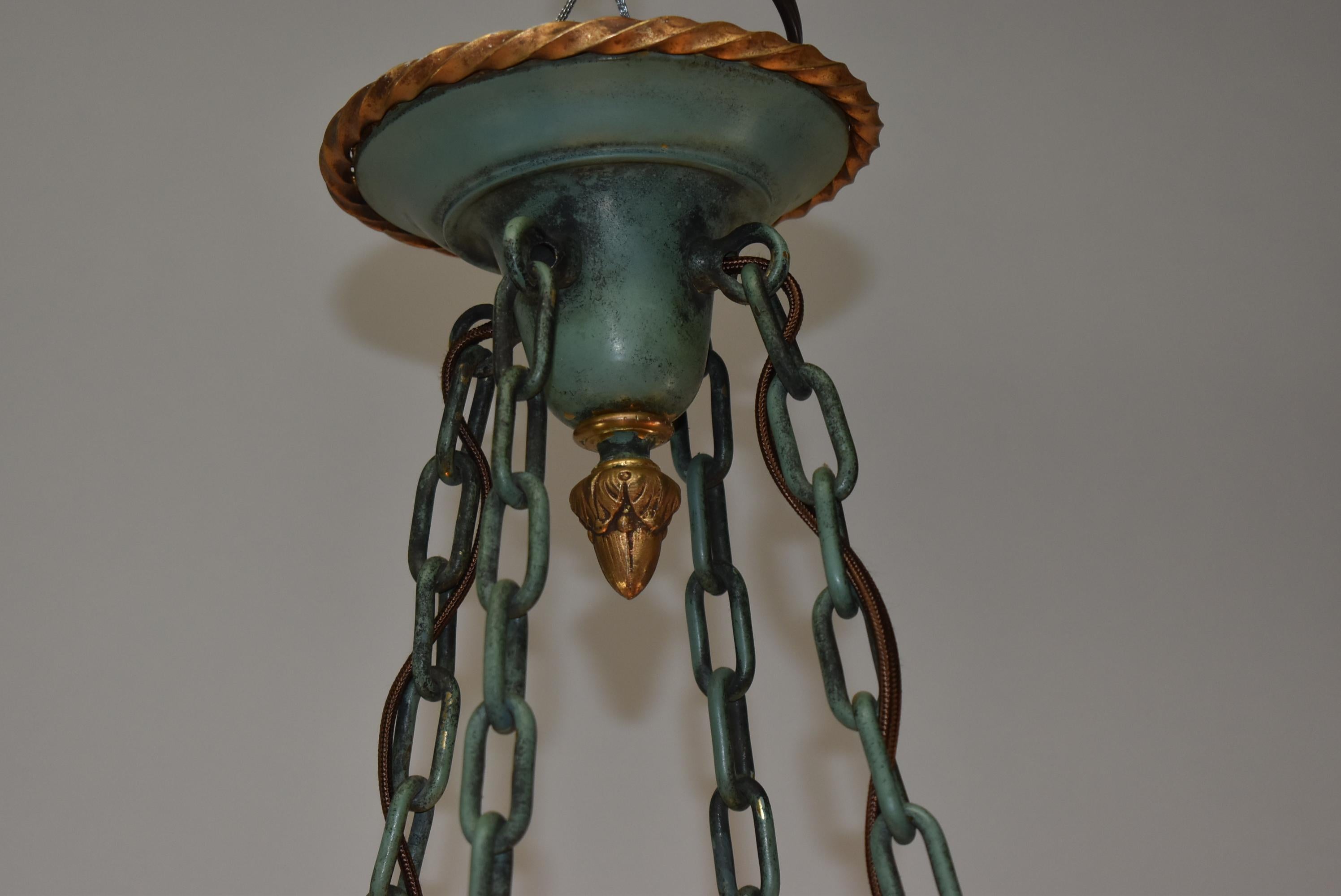 Early 20th Century Pair of Slag Glass 1920s Basket Form Brass and Iron Chandeliers Leaves and Vines