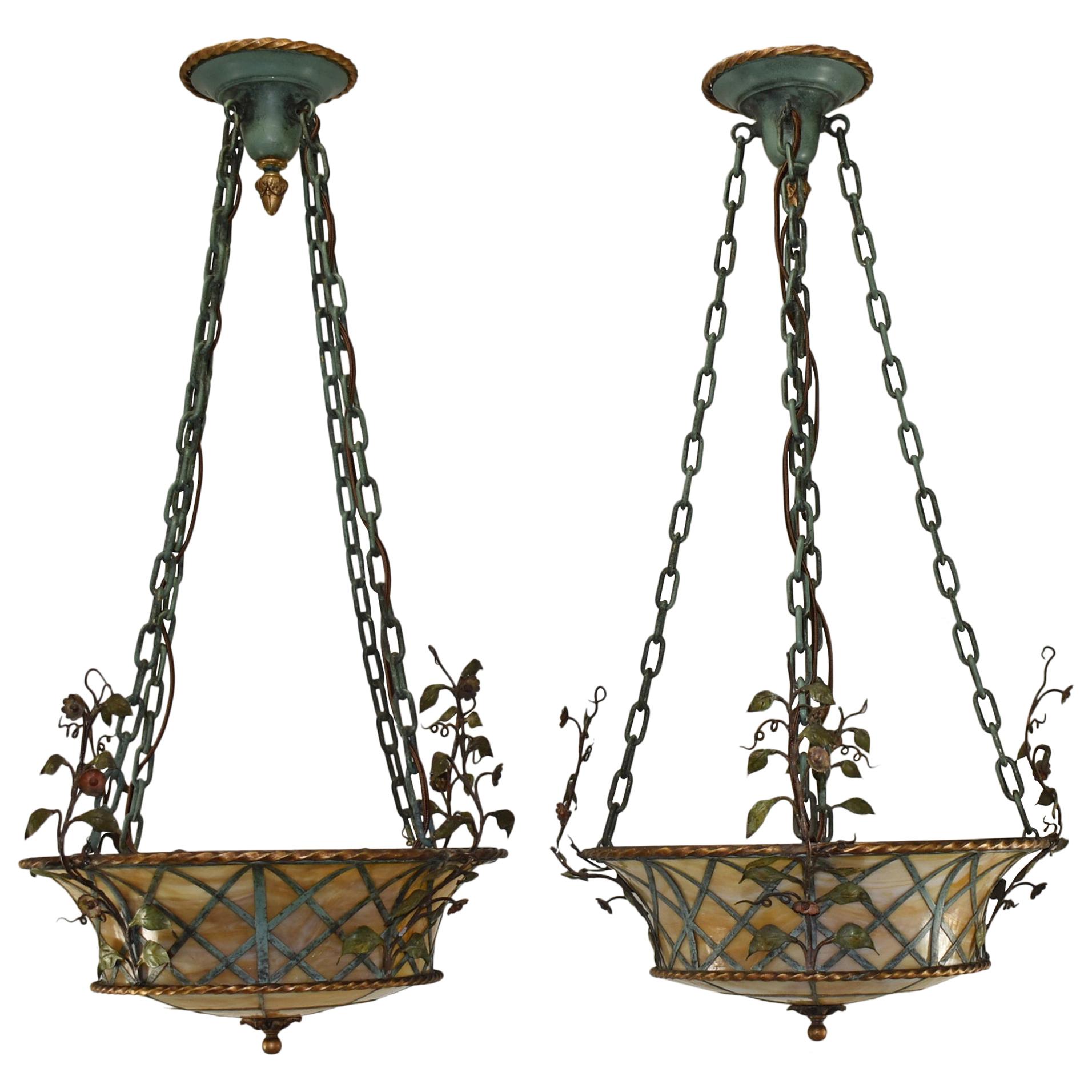 Pair of Slag Glass 1920s Basket Form Brass and Iron Chandeliers Leaves and Vines