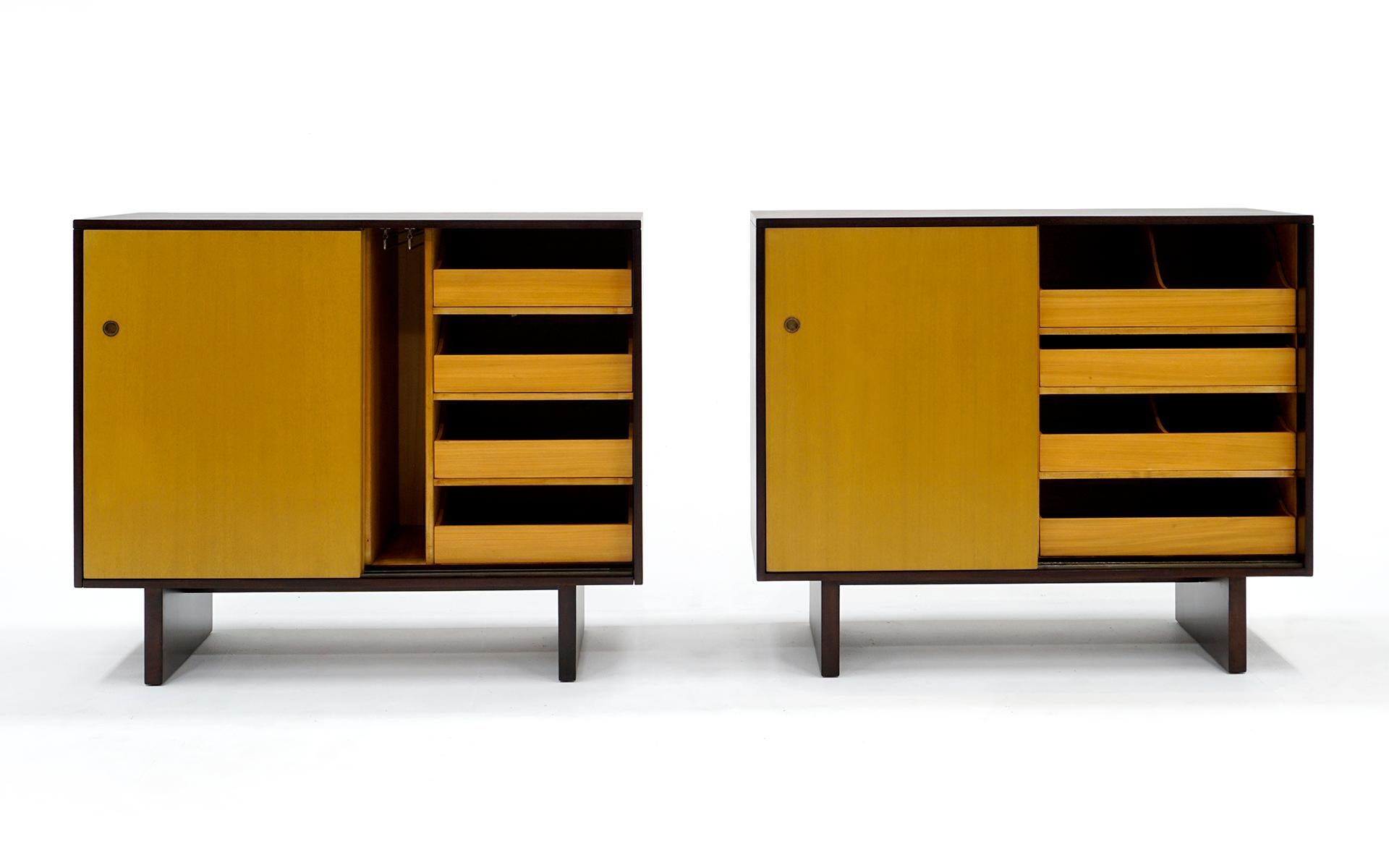 Pair Sliding Door Dressers Chests Cabinets by T H Robsjohn-Gibbings & Widdicomb For Sale 1