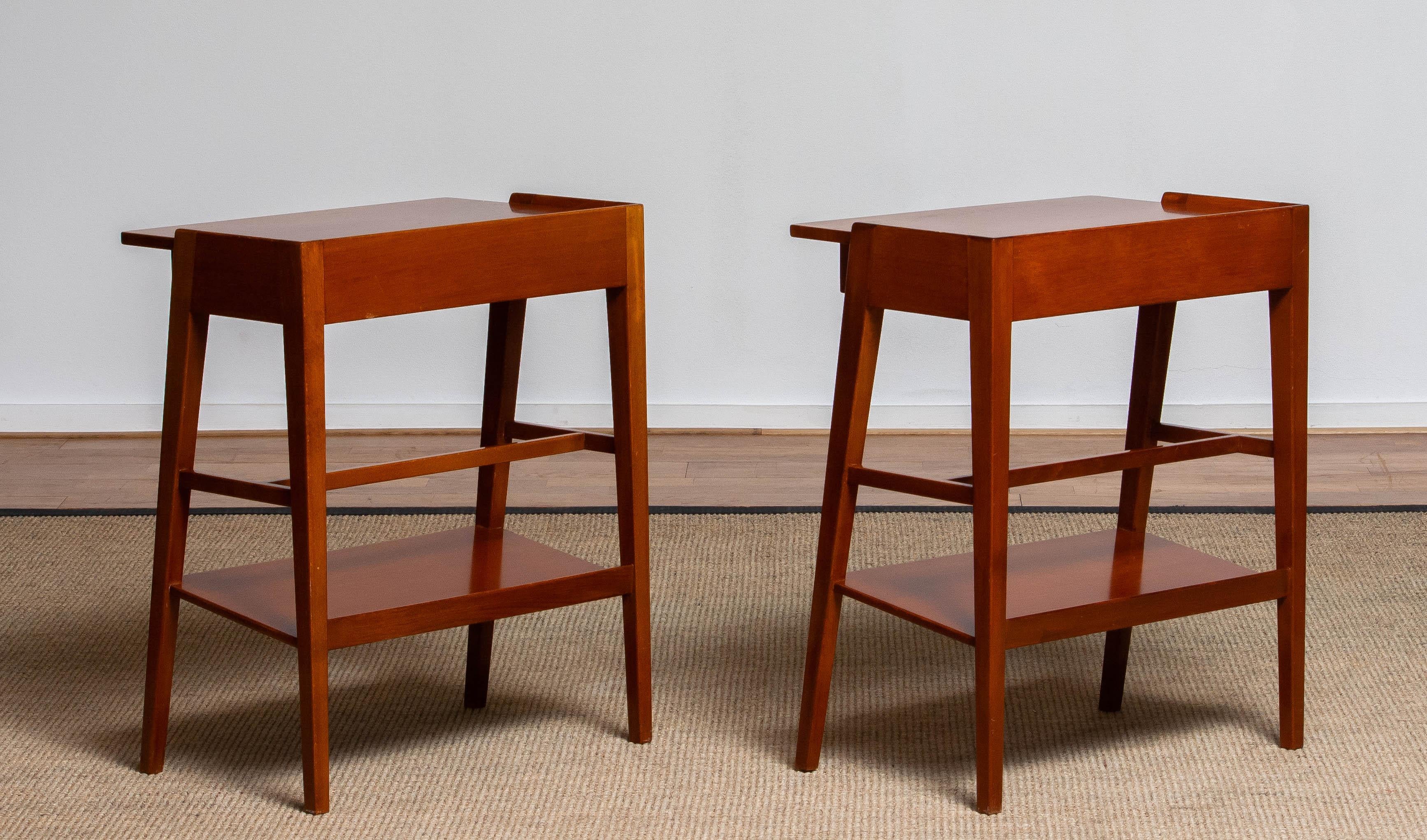 Mid-20th Century Pair Slim Mahogany Nightstands / Bedside Tables. Sweden 1960s