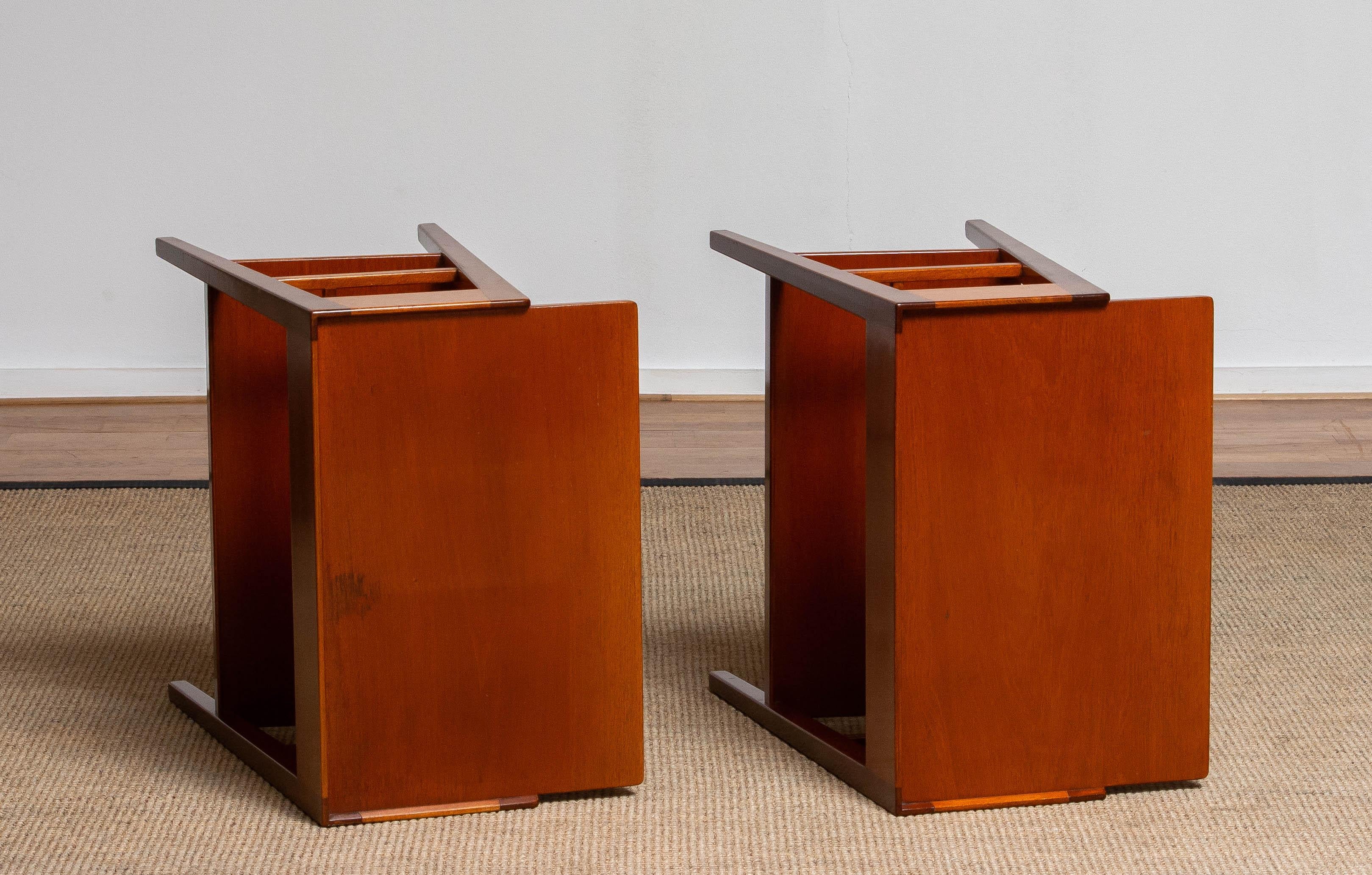 Brass Pair Slim Mahogany Nightstands / Bedside Tables. Sweden 1960s