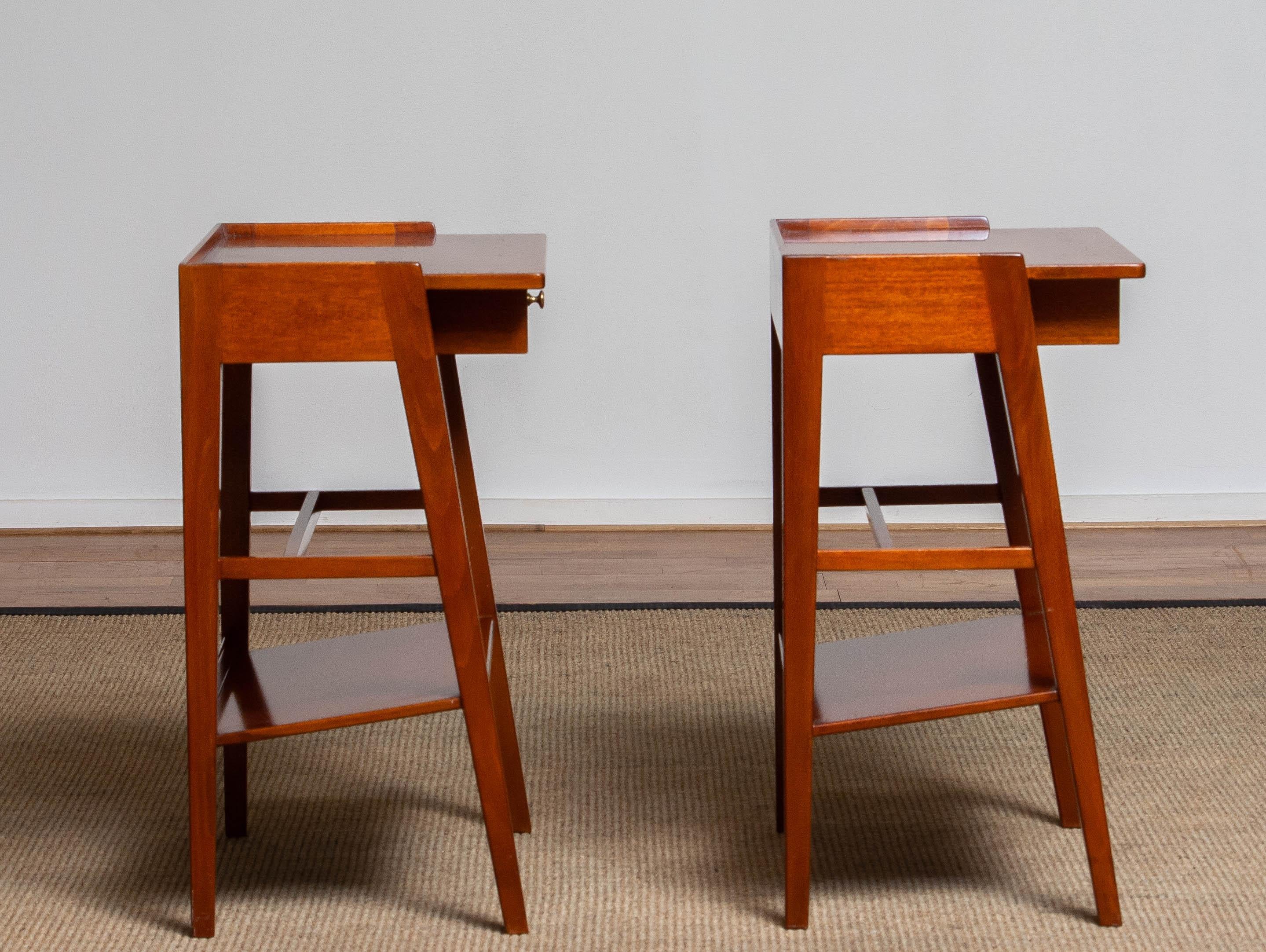 Pair Slim Mahogany Nightstands / Bedside Tables. Sweden 1960s 1
