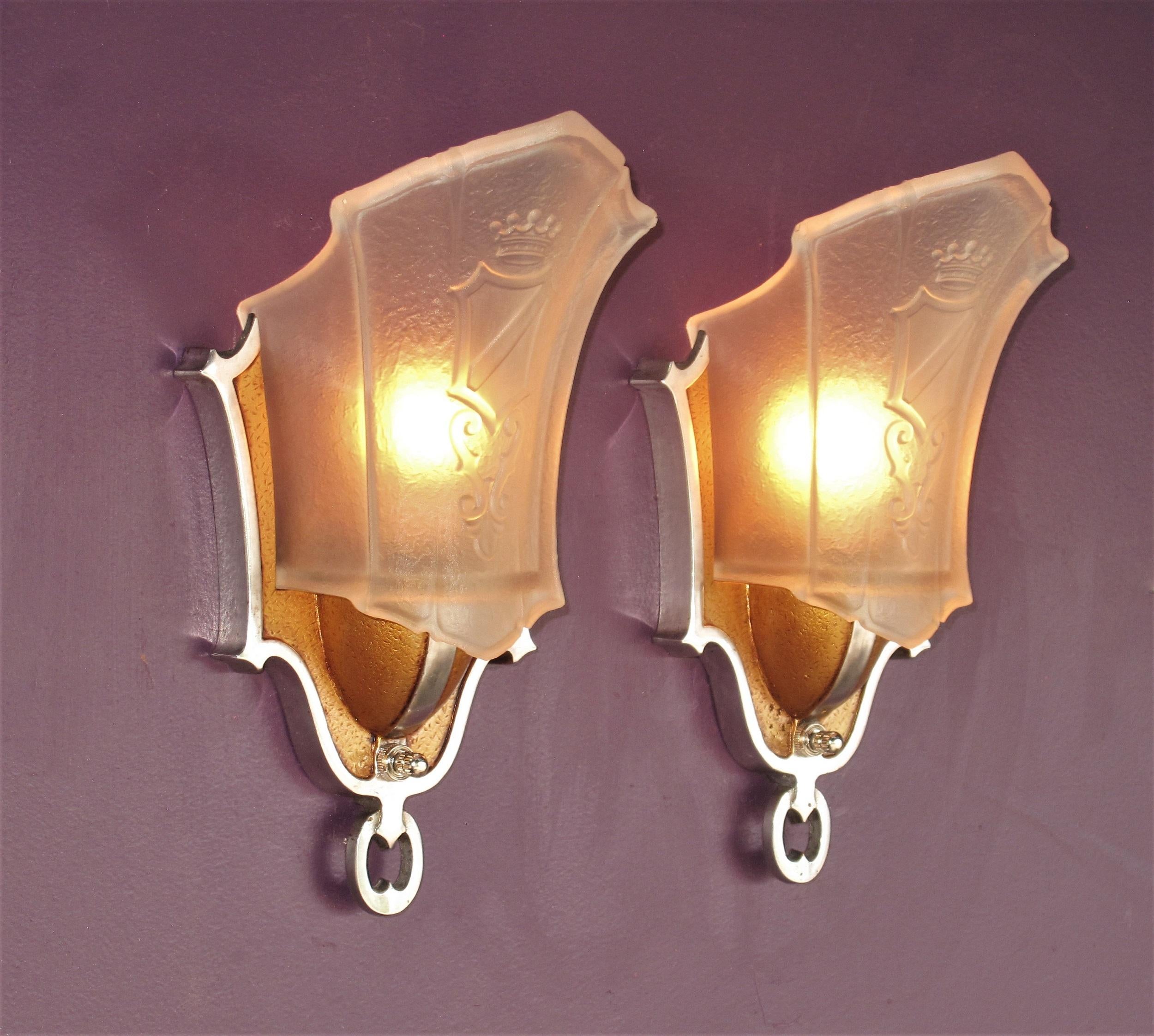 Prairie School Pair Slip Shade Sconces with Crown and Shield 4 pr available c.1930 For Sale