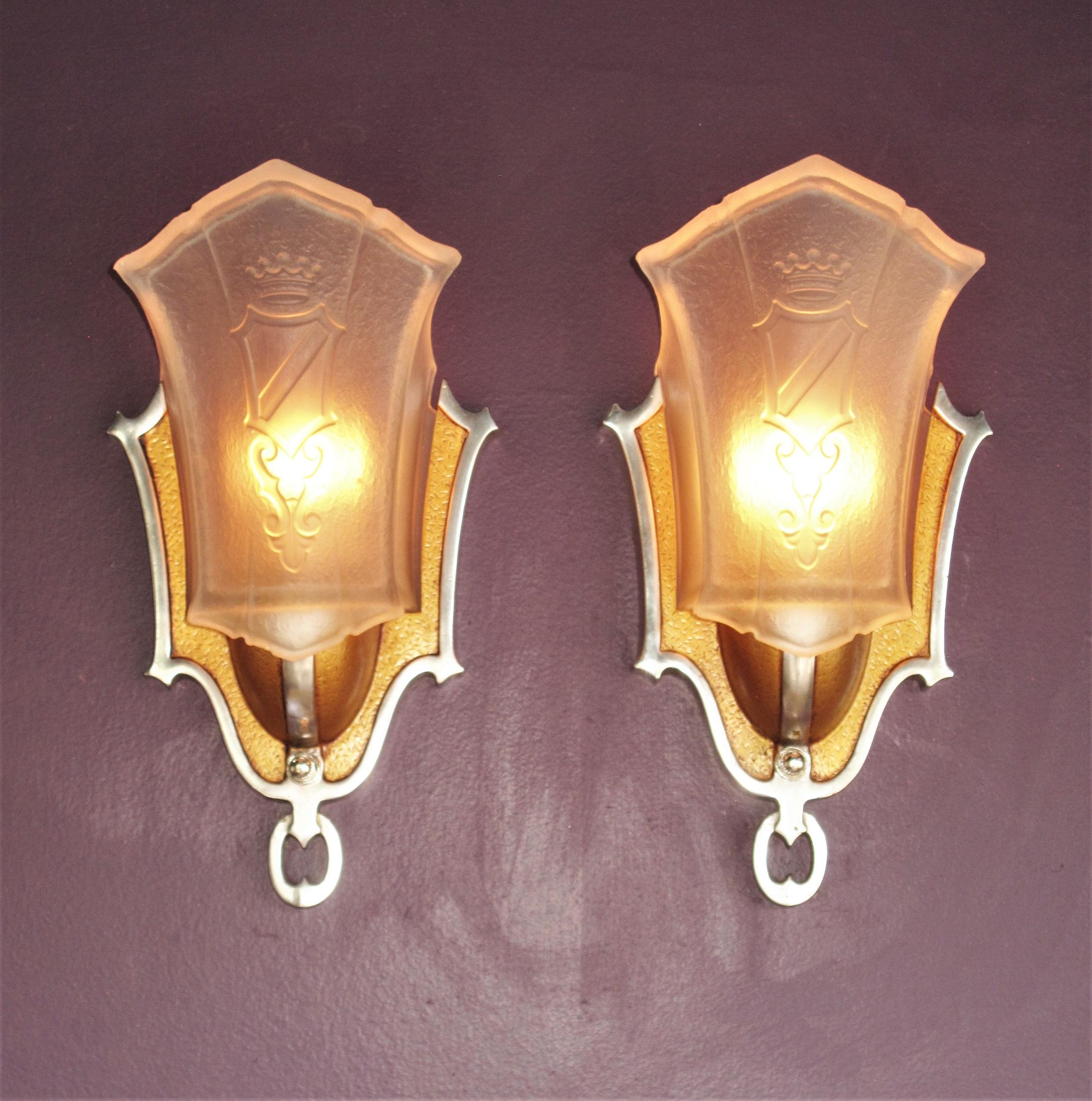 American Pair Slip Shade Sconces with Crown and Shield 4 pr available c.1930 For Sale