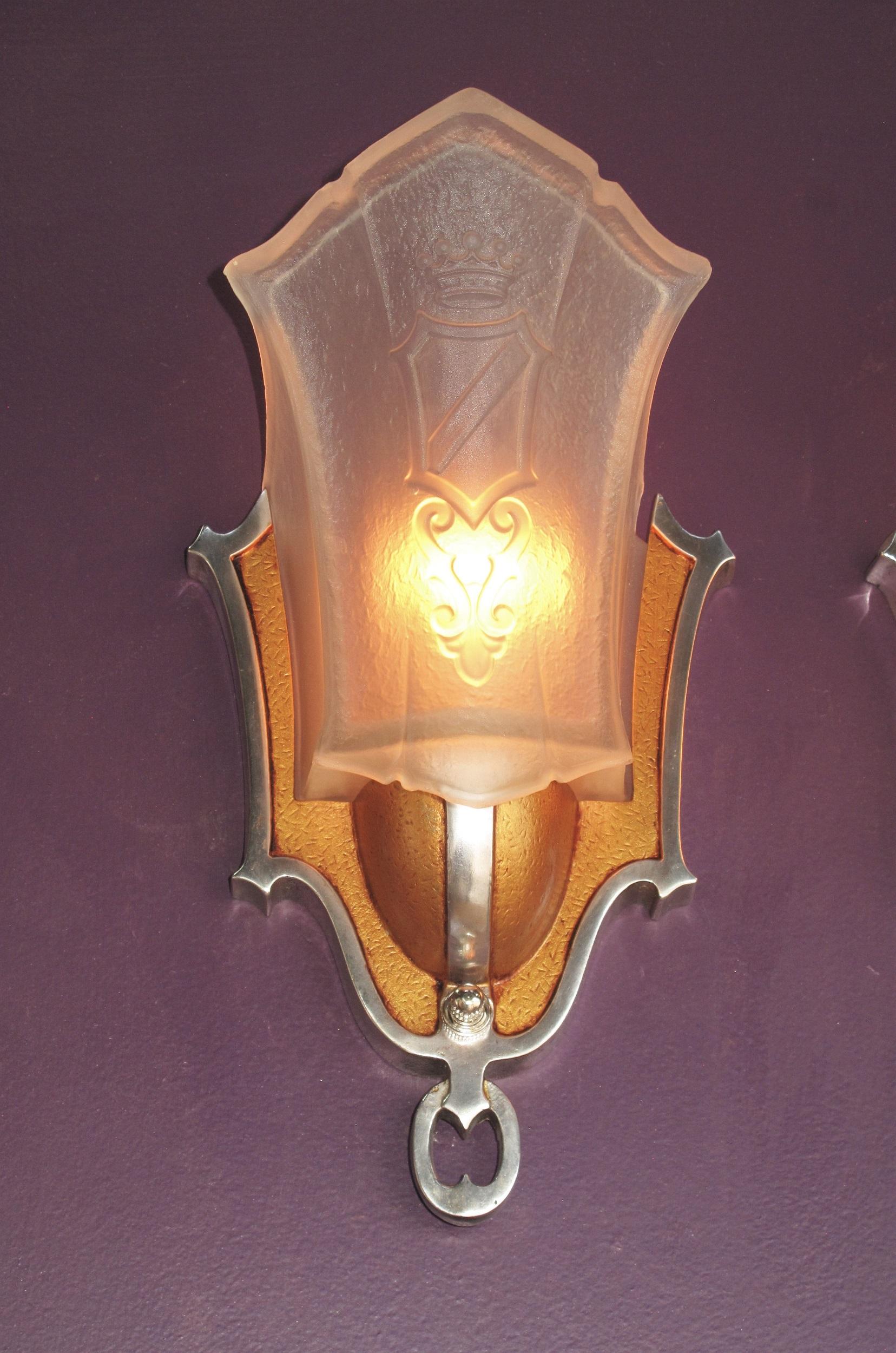 Painted Pair Slip Shade Sconces with Crown and Shield 4 pr available c.1930 For Sale