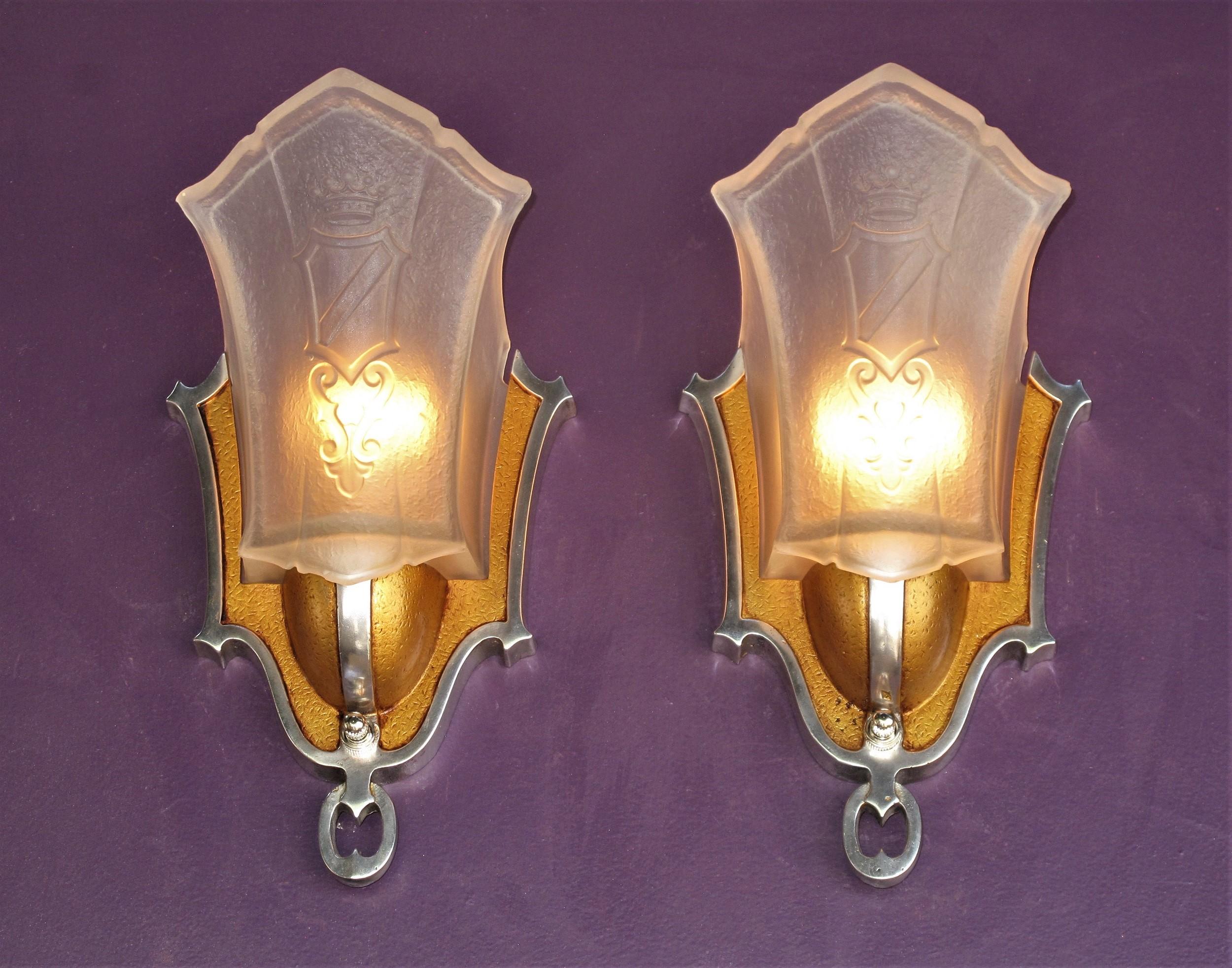 Pair Slip Shade Sconces with Crown and Shield 4 pr available c.1930 In Good Condition For Sale In Prescott, US