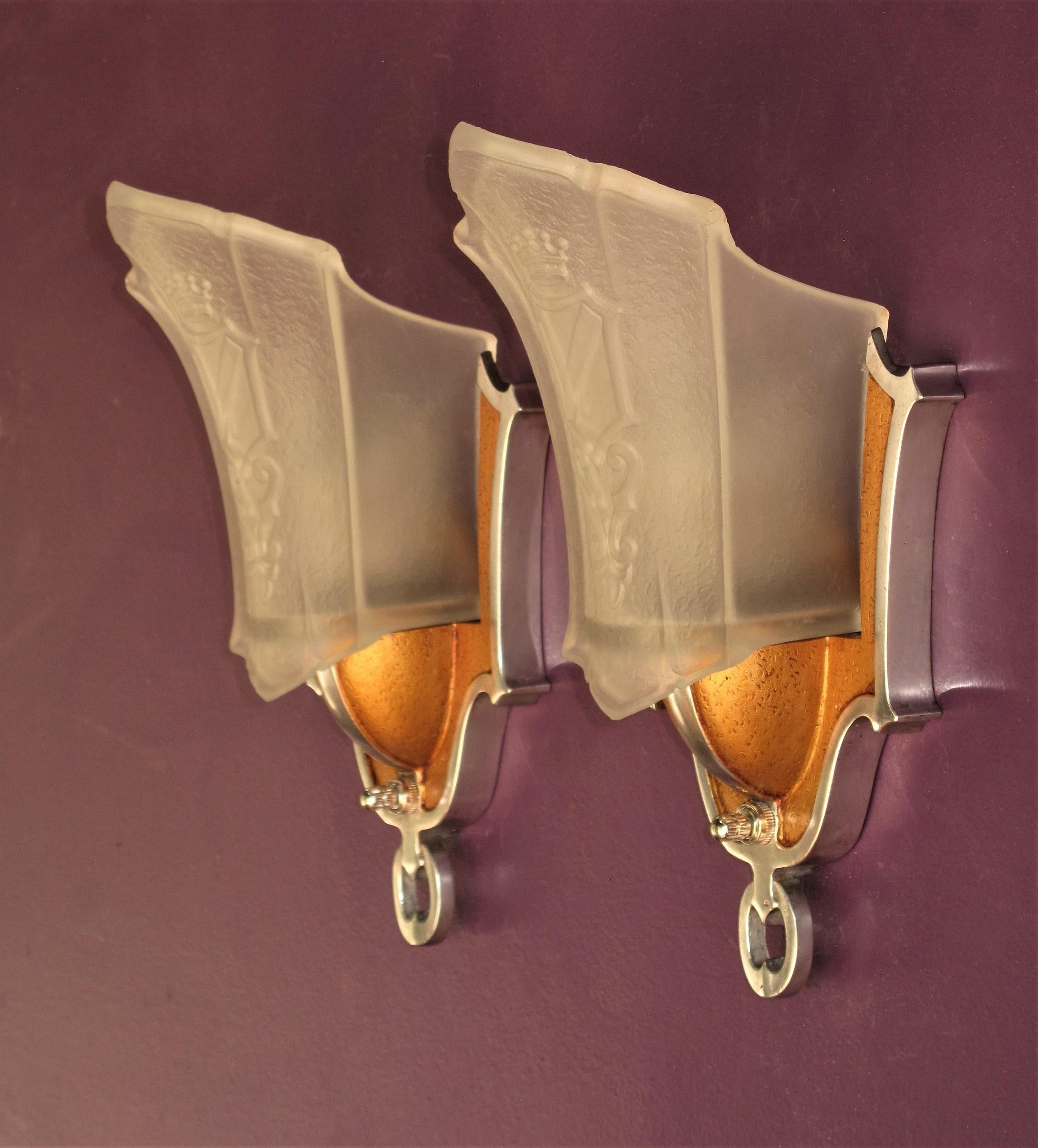 Aluminum Pair Slip Shade Sconces with Crown and Shield 4 pr available c.1930 For Sale