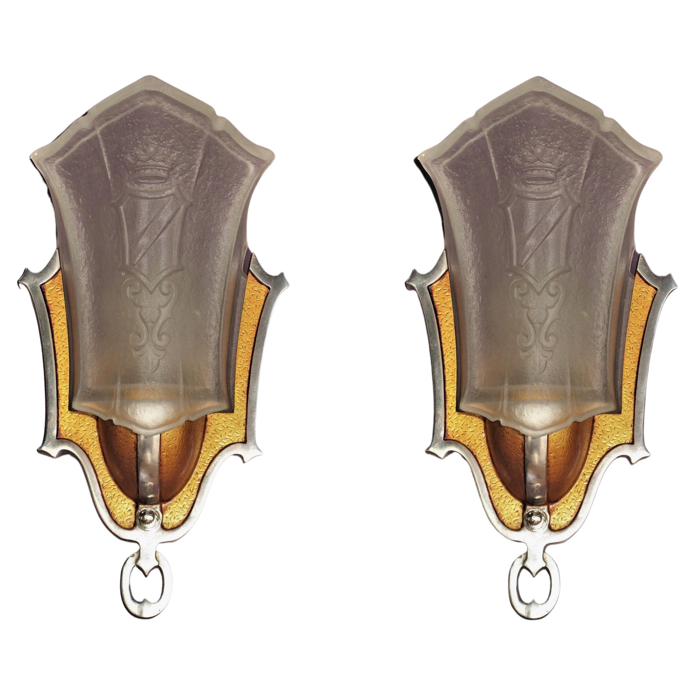 Pair Slip Shade Sconces with Crown and Shield 4 pr available c.1930 For Sale