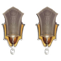 Pair Slip Shade Sconces with Crown and Shield 4 pr available c.1930