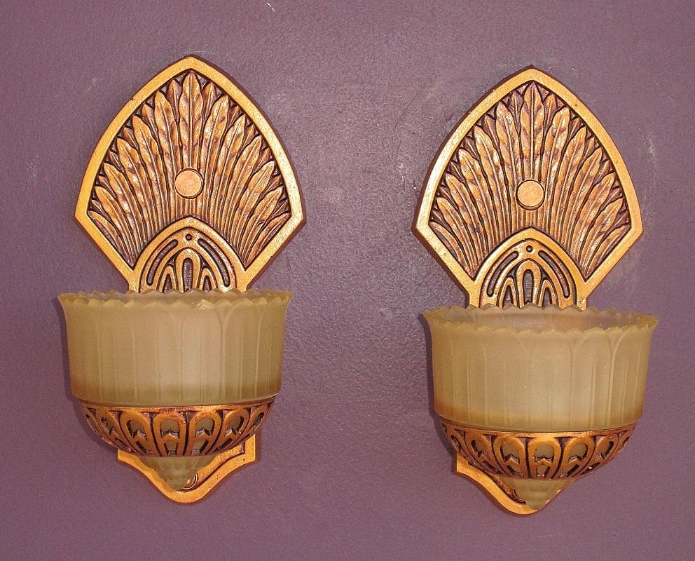 Painted Pair Slip Shade Sconces with Native North American Influences, circa 1930