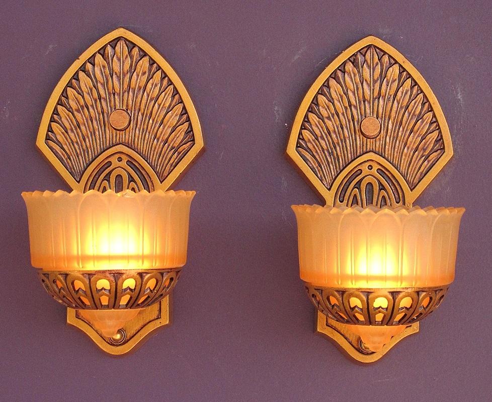 Pair Slip Shade Sconces with Native North American Influences, circa 1930 In Good Condition In Prescott, US