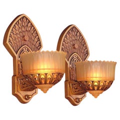 Vintage Pair Slip Shade Sconces with Native North American Influences, circa 1930