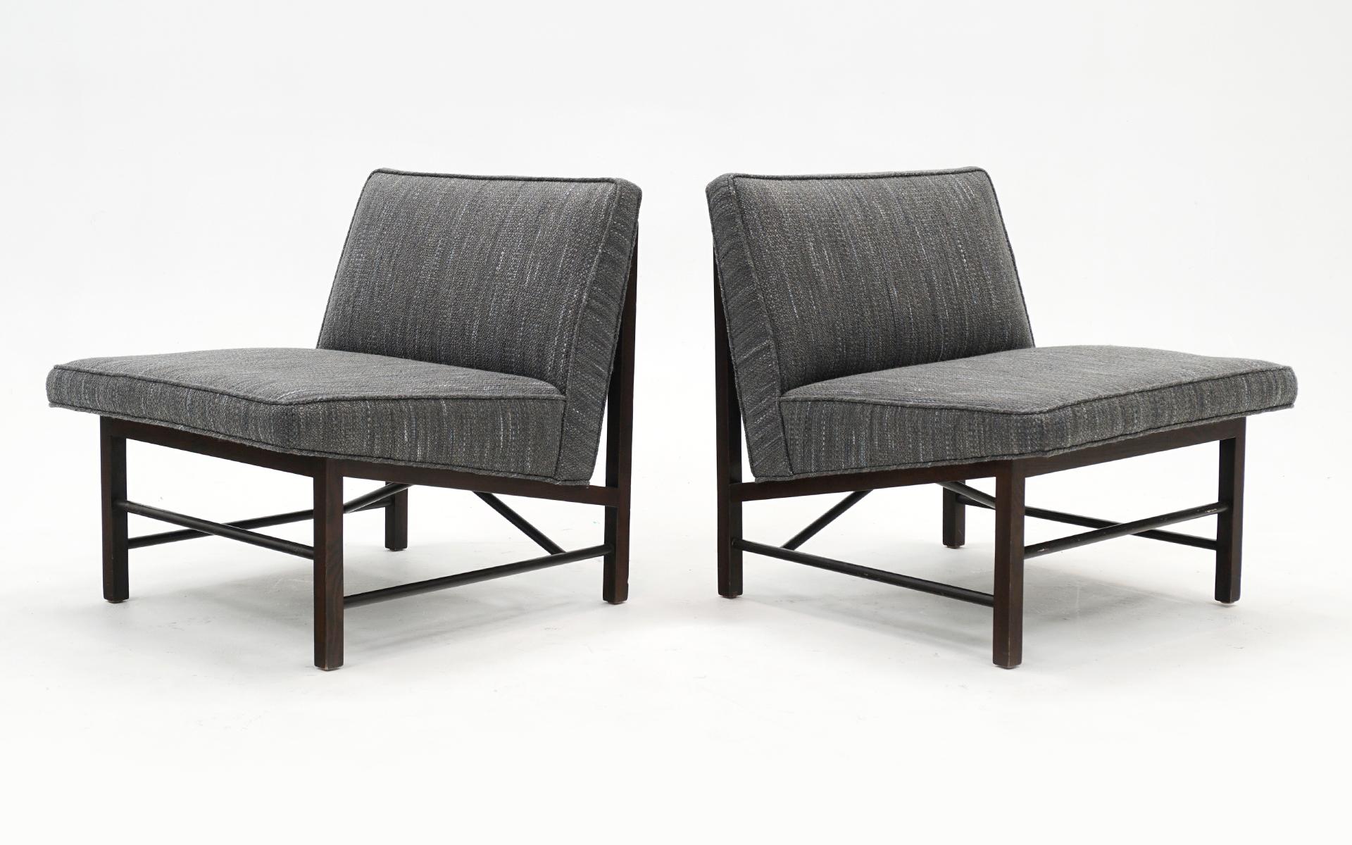 Mid-Century Modern Pair Slipper Chairs by Edward Wormley for Dunbar, New Charcoal Gray Upholstery For Sale