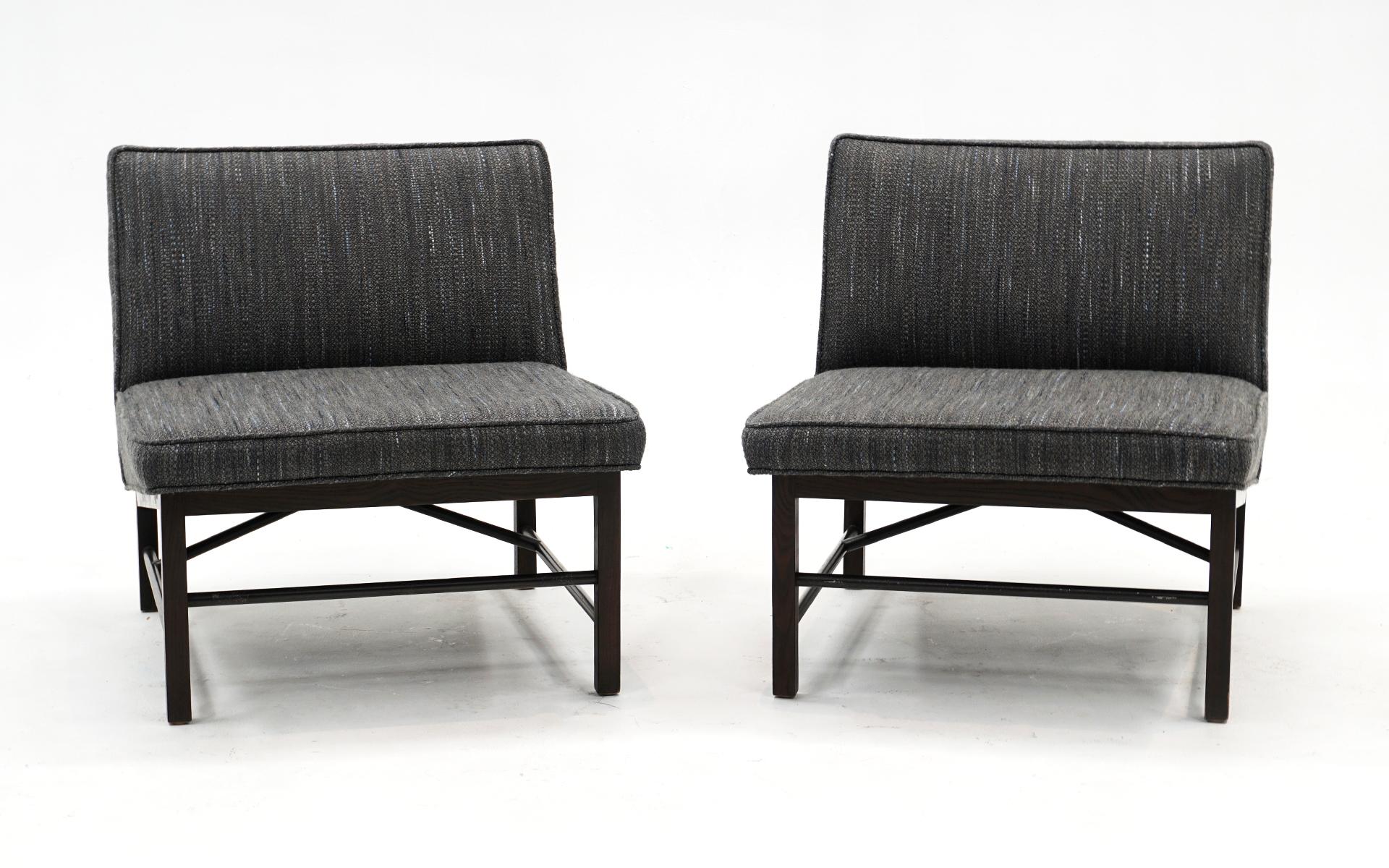 American Pair Slipper Chairs by Edward Wormley for Dunbar, New Charcoal Gray Upholstery For Sale