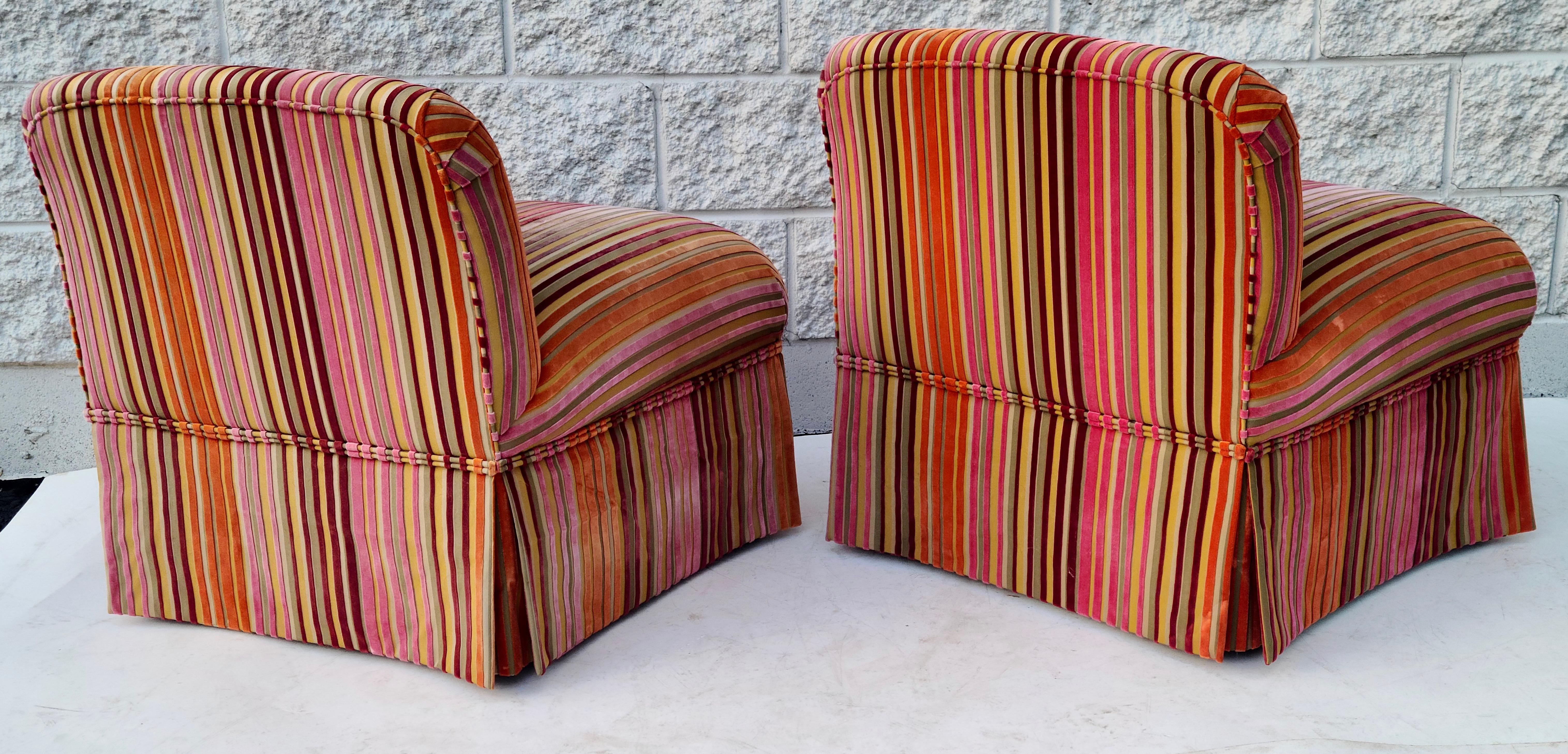 Pair Slipper Chairs Dimensional Striped Velvet Style of Jack Lenor Larsen For Sale 10