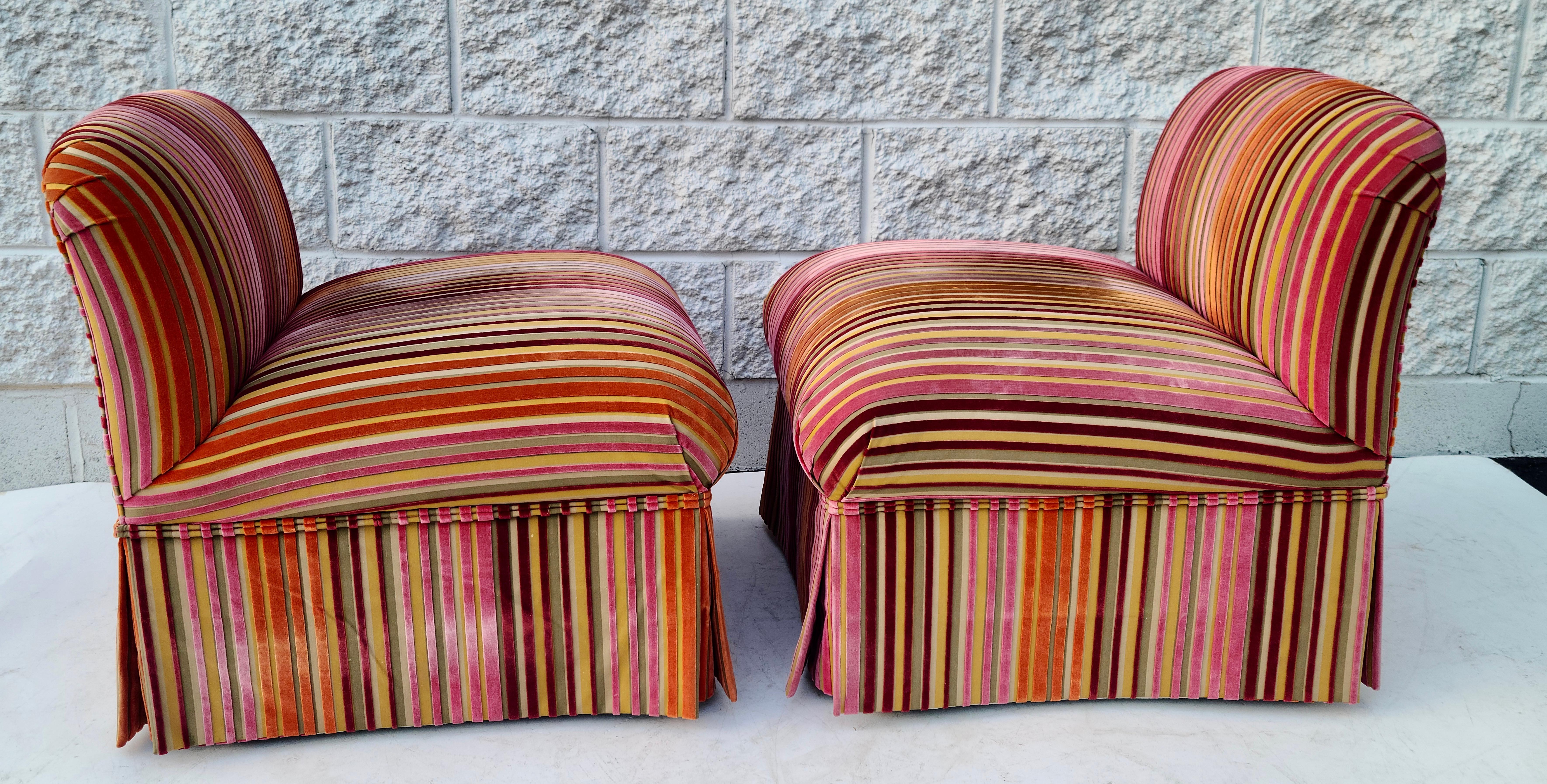 Pair Slipper Chairs Dimensional Striped Velvet Style of Jack Lenor Larsen For Sale 11