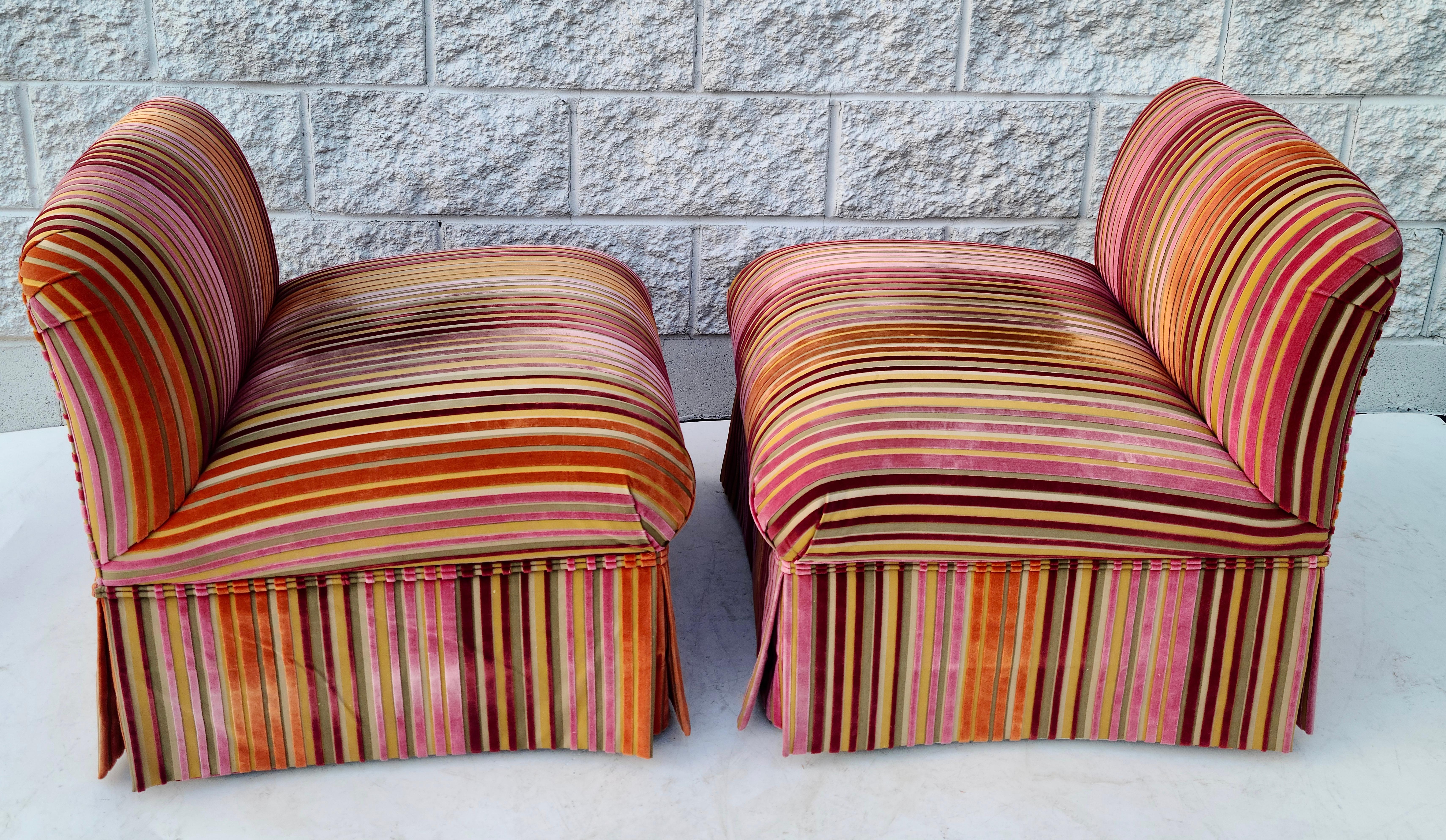 Pair Slipper Chairs Dimensional Striped Velvet Style of Jack Lenor Larsen For Sale 14