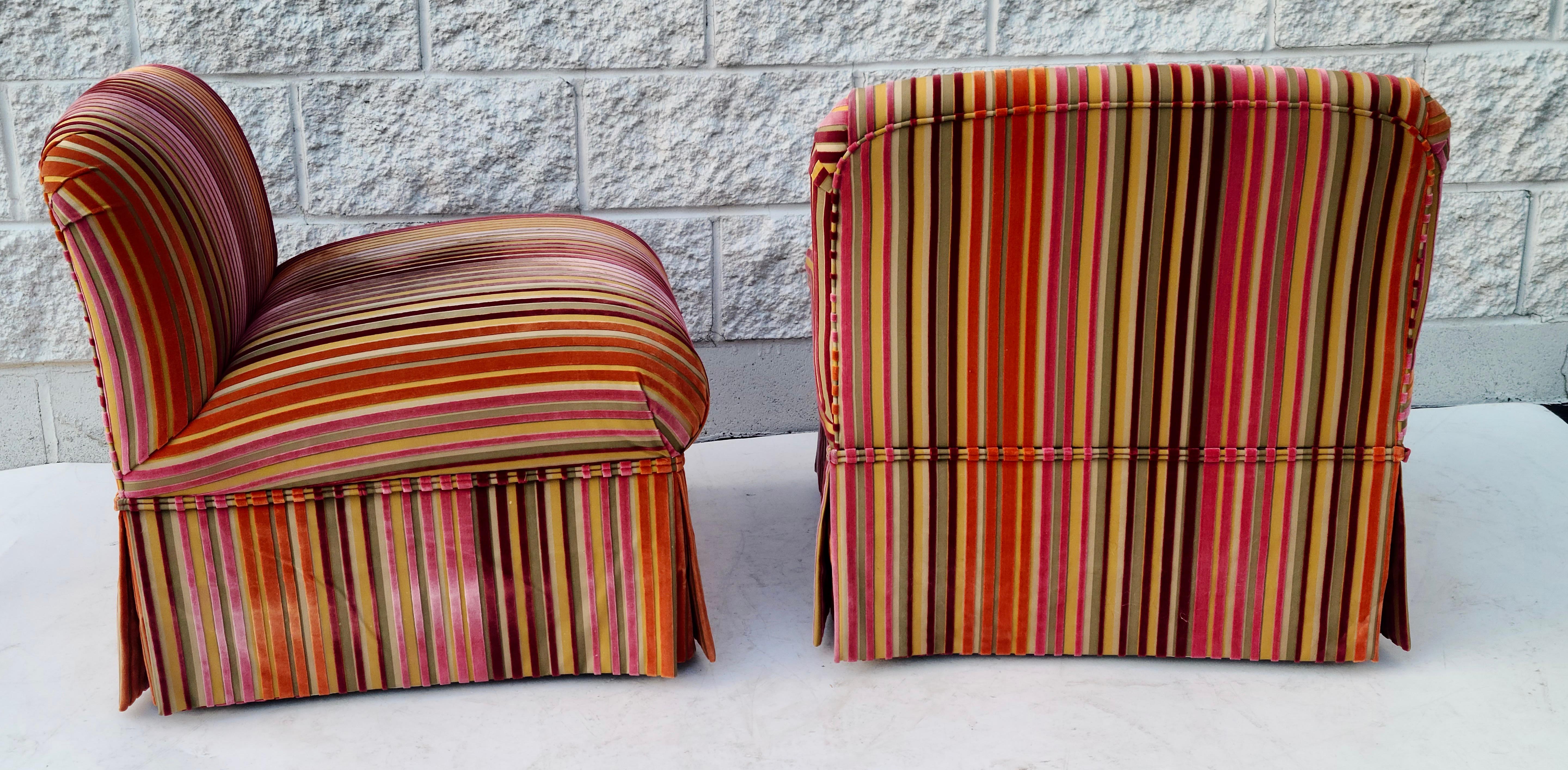 Pair Slipper Chairs Dimensional Striped Velvet Style of Jack Lenor Larsen For Sale 15