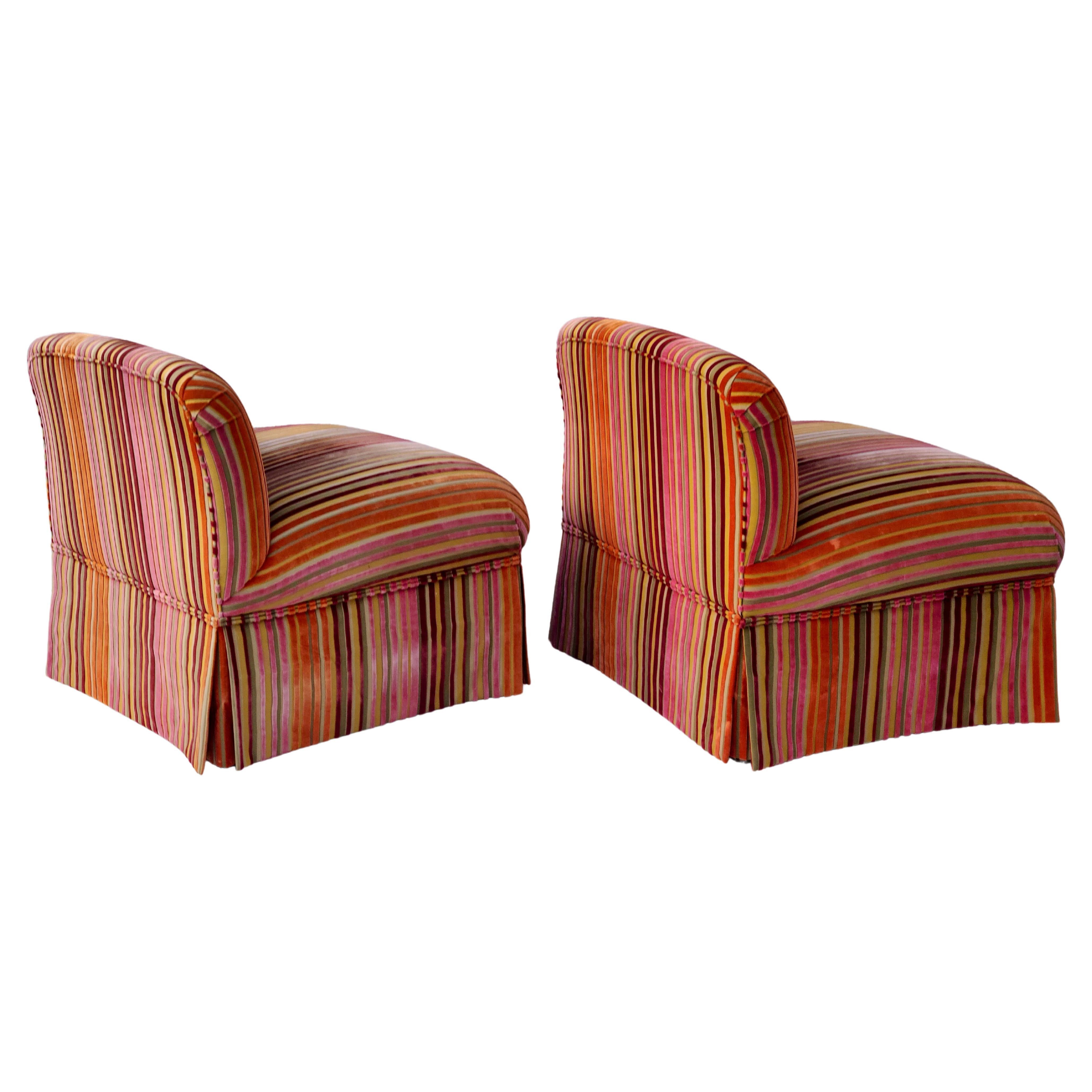 Pair Slipper Chairs Dimensional Striped Velvet Style of Jack Lenor Larsen In Good Condition For Sale In Fraser, MI